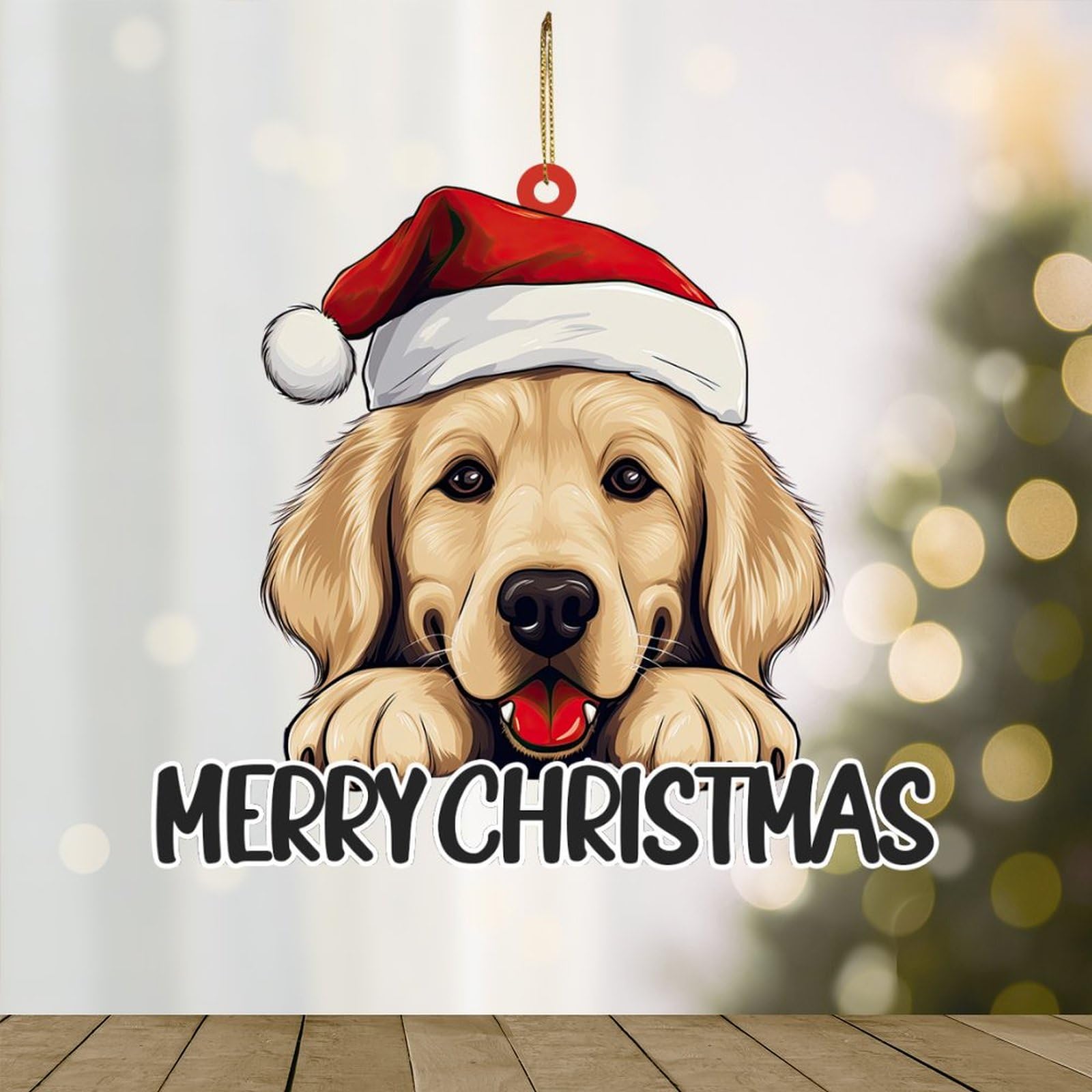WoGuangis Golden Retriever - Adorno de acrílico de recuerdo de Navidad, adorno de Navidad conmemorativo para niños, perro Golden Retriever con sombrero de Papá Noel, nombre personalizado, decoración