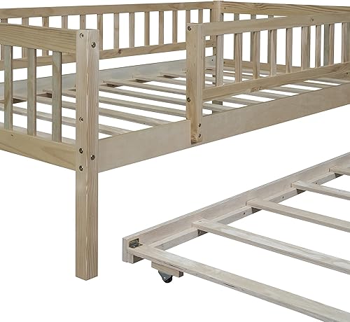 Miniatura 9 de Merax Sofá cama de tamaño individual con nido, marco de cama individual de madera con barandillas de valla, no necesita somier, natural