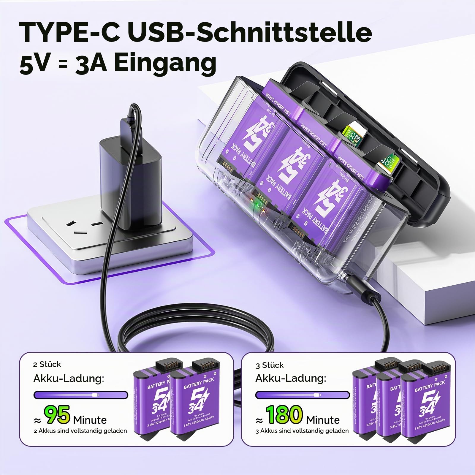 Osmo 360/Action 6/5 Pro/4/3 Akkus 2250mAh Mit ladegerät für -DJI Osmo 360 / Action 6 / Action 5 Pro/Action 4 / Action 3, Mit Typ-C-Kabel, TF-Karten-Speicherplatz (2*Akkus+1*Ladegerat)