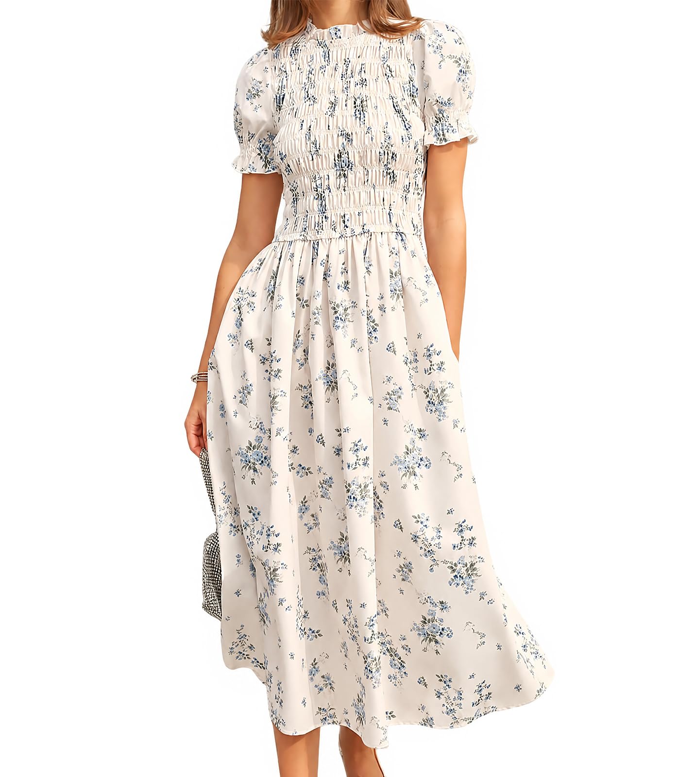 RIHOAS Women Shirred A-Line Midi Dress Summer Dresses Puff Short Sleeve Smocked Flowy Ruffle Boho Beach Sundress