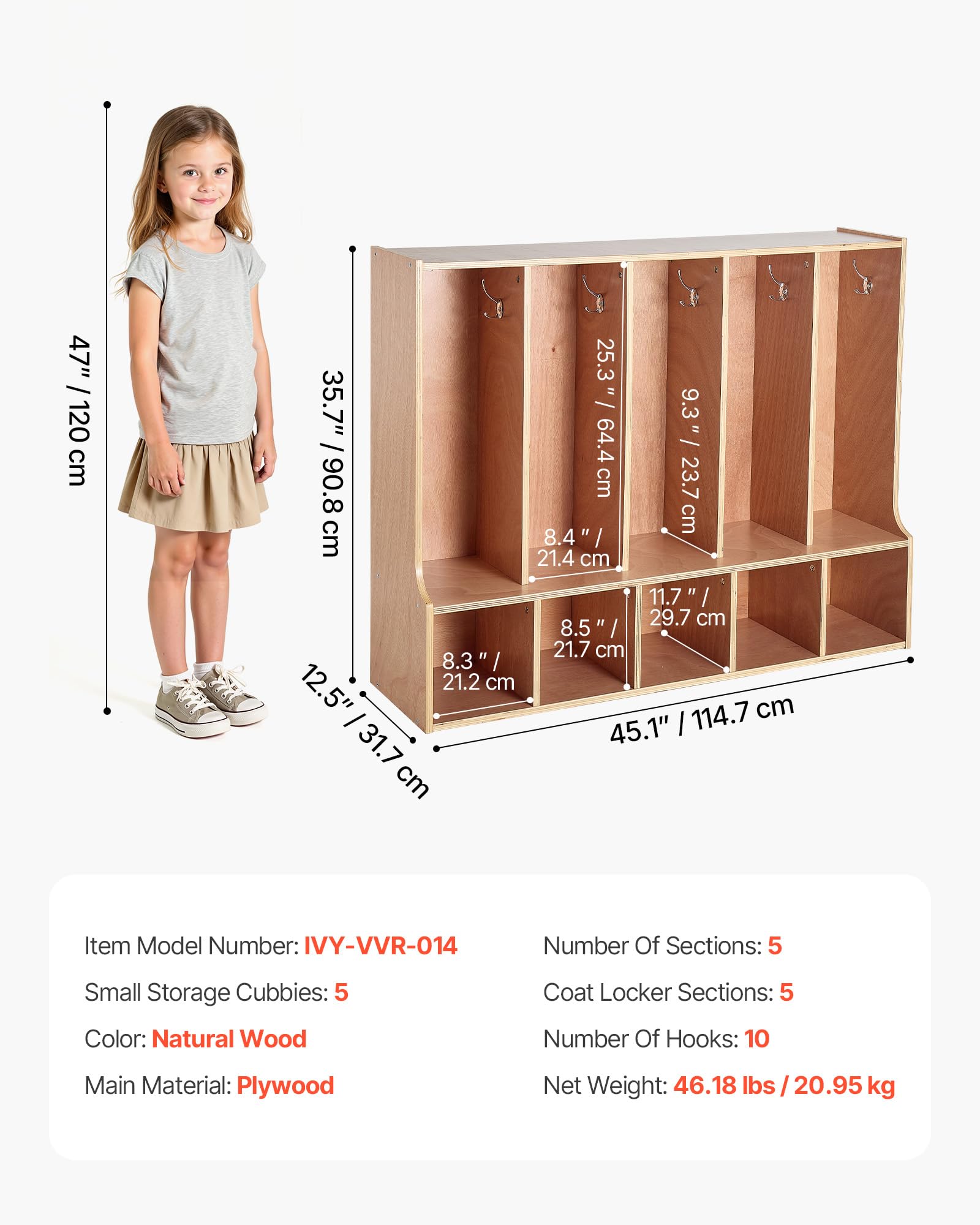VEVOR Vestiaire 5 Enfants Ouvert, Penderie pour Enfants en Bois, Rangement pour Crèche Maternelle Garderie Maison, Meuble d'accueil Scolaire avec Casiers à Manteaux et à Chaussures, 10 Crochets