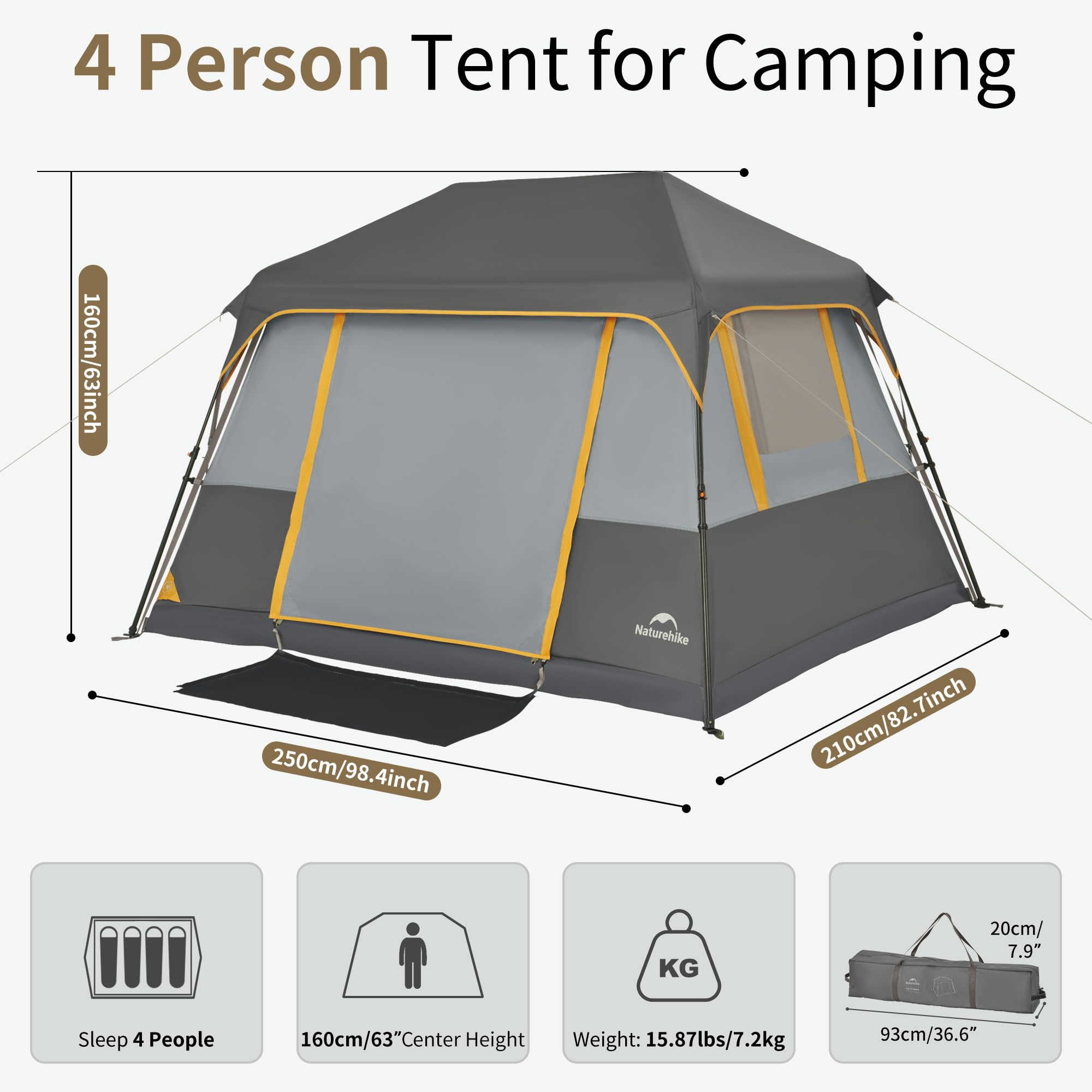 Naturehike Cape 8.3㎡ & 12.9㎡ Großes Zelt 6-8 Personen Camping Wasserdicht Zelt Familienzelt Tunnelzelt PU3000mm für Familienreisen, Camping, Autofahrten und andere Outdoor Aktivitäten