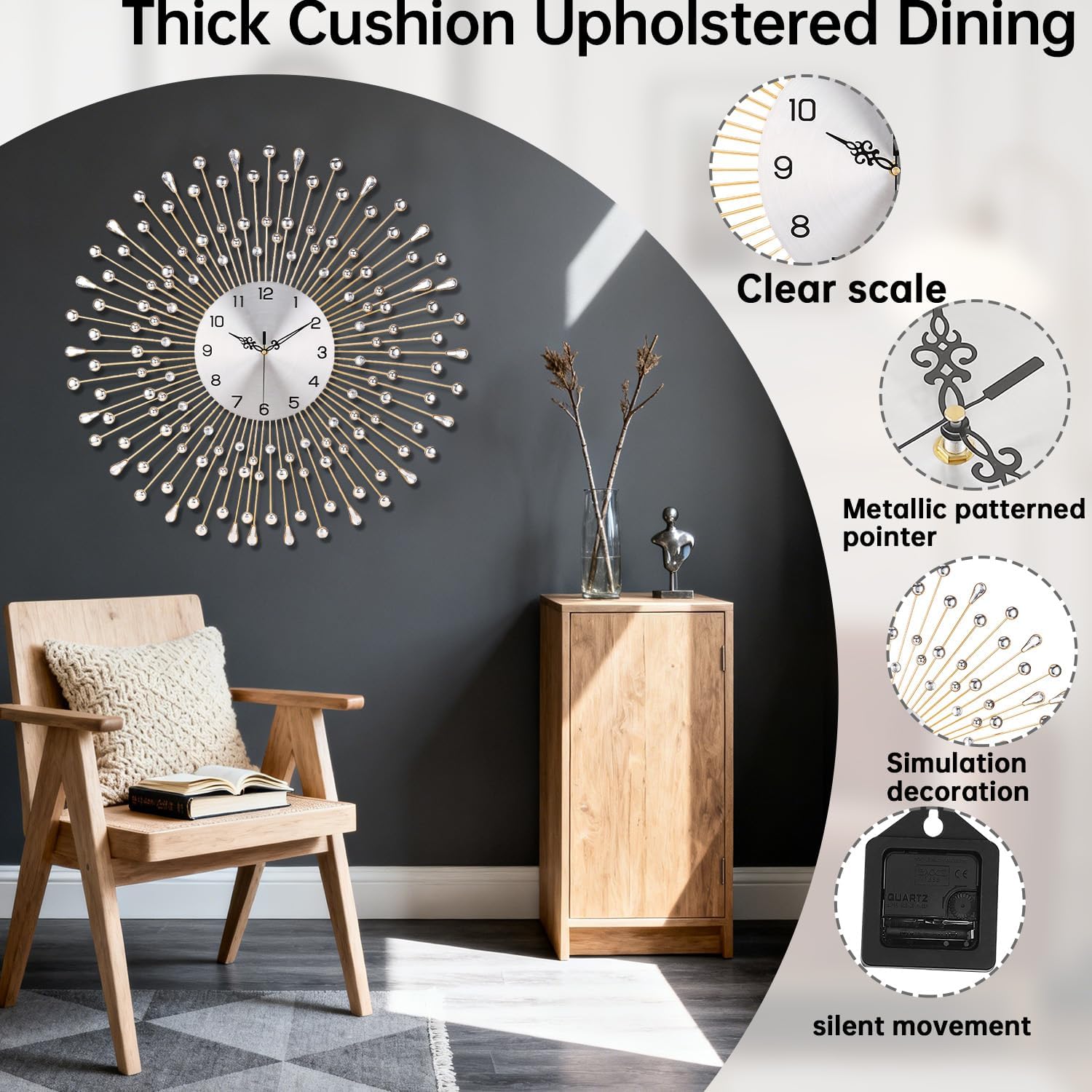 SIN&MI Wall Clock for Living Room Decor Non-Ticking Quiet Metal Quartz Clocks Modern Dial Bling Big Crystal Wall Clocks for Home Kitchen Bedroom Indoor Decorative/ 27.5 Inch