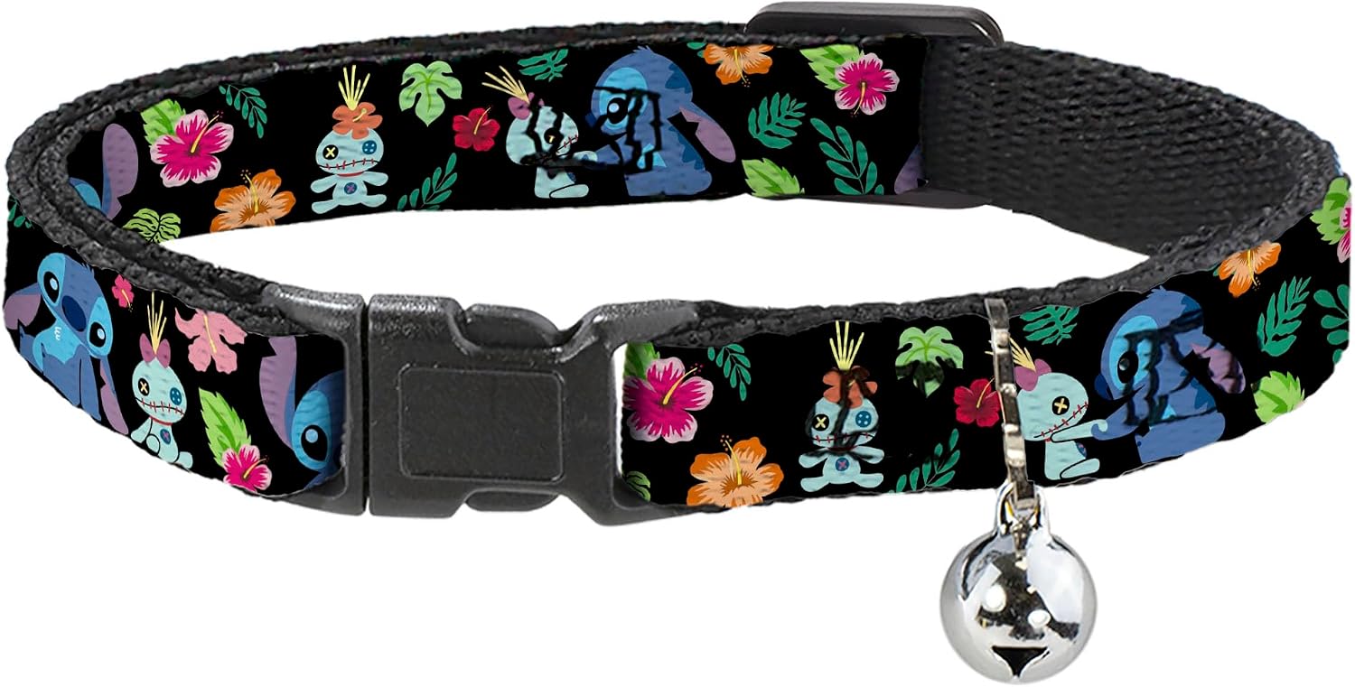 Disney Breakaway Cat Collar | Lilo and Stitch Scrump Poses Tropical Flora Durable Adjustable Bell ID Tag Ring