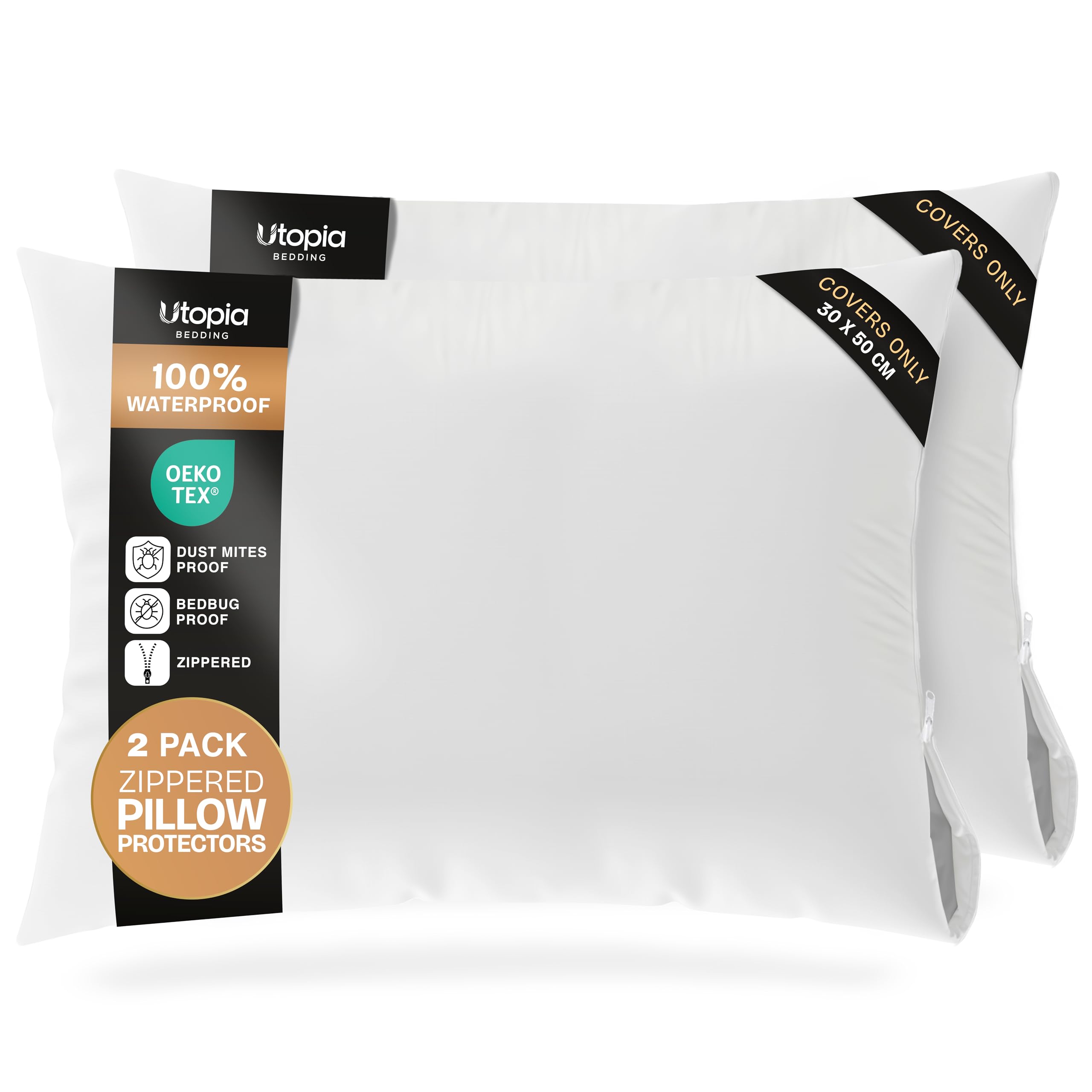 Utopia Bedding Pillow Protector (Set of 4) Waterproof with Zipper, Pillowcase, Oeko-TEX Certified Pillowcase (White, 30 x 50 cm | Set of 4)