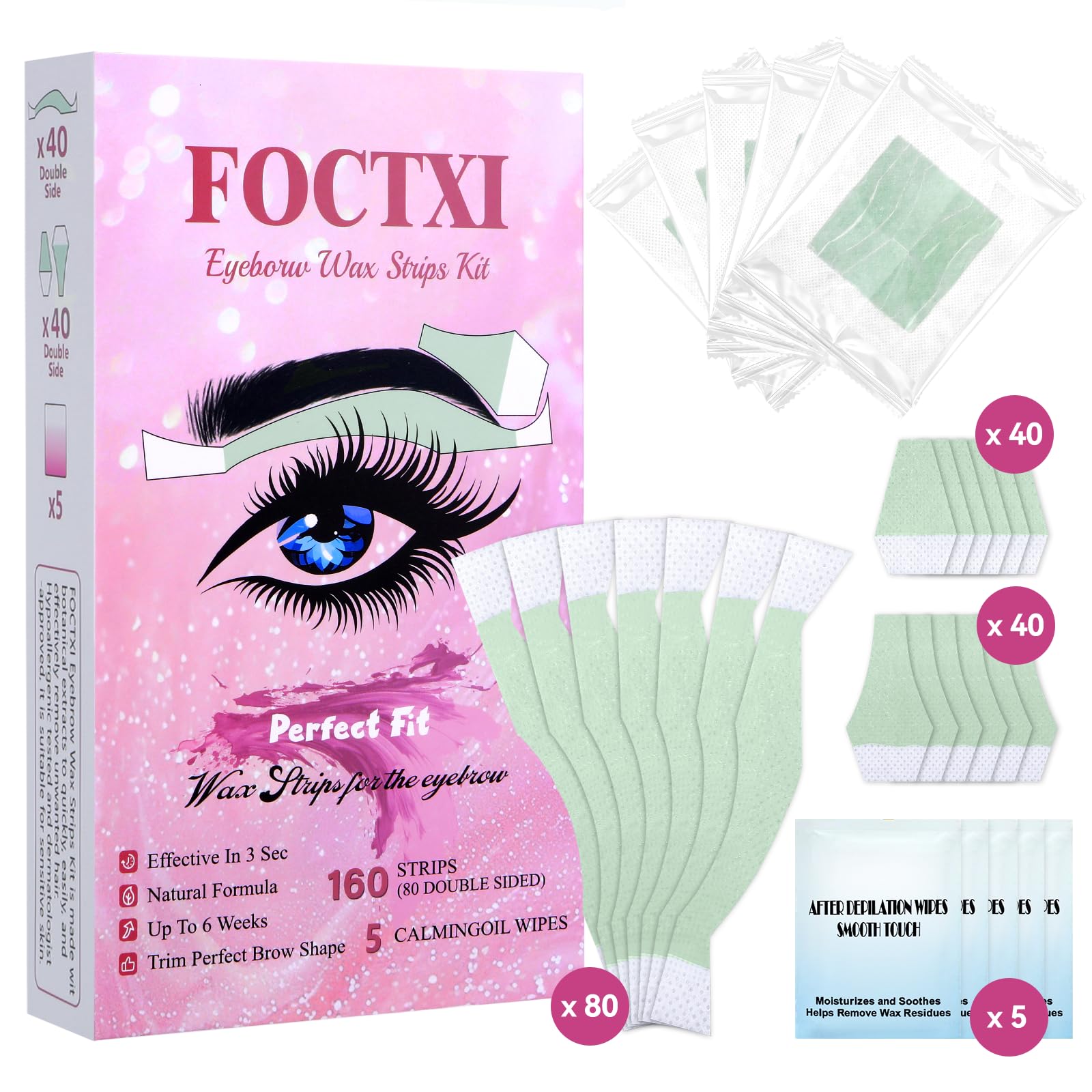 160 PCS Eyebrow Wax Strips for Face, Pre-Cut Face Wax Strip Hair Removal for Women, Facial Waxing Kit for Upper Lip, Chin & Brow Shaping, 5 Calming Oil Wipes
