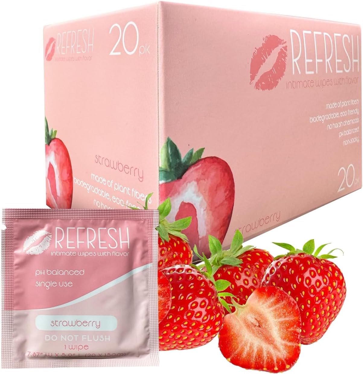 Flavored Feminine Wipes for Women - 20 Count -, Individually Wrapped - pH Balanced Flavored Intimate Wipes - (Strawberry)
