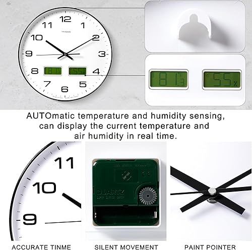 Miniatura 5 de Reloj de pared, esfera grande de 14 pulgadas, silencioso, funciona con pilas, analógico con pantalla LCD dual para temperatura y humedad
