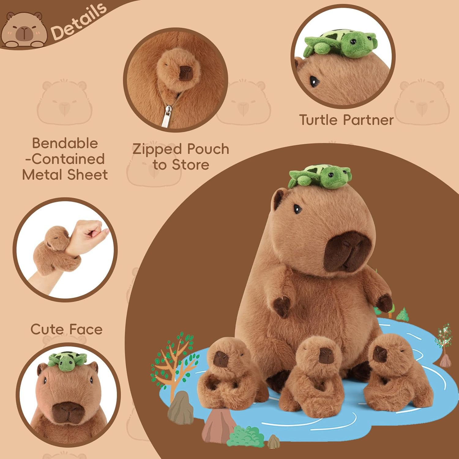 5 in 1 Capybara Plush Large Capybara Stuffed Animal with Babies, 12.8" Mommy Stuffed Capybara Plush Toy with 3 Baby Capibaras Peluches Capybara Plushies Pillow for Kids Birthday Valentines Plush Gifts - Image 8