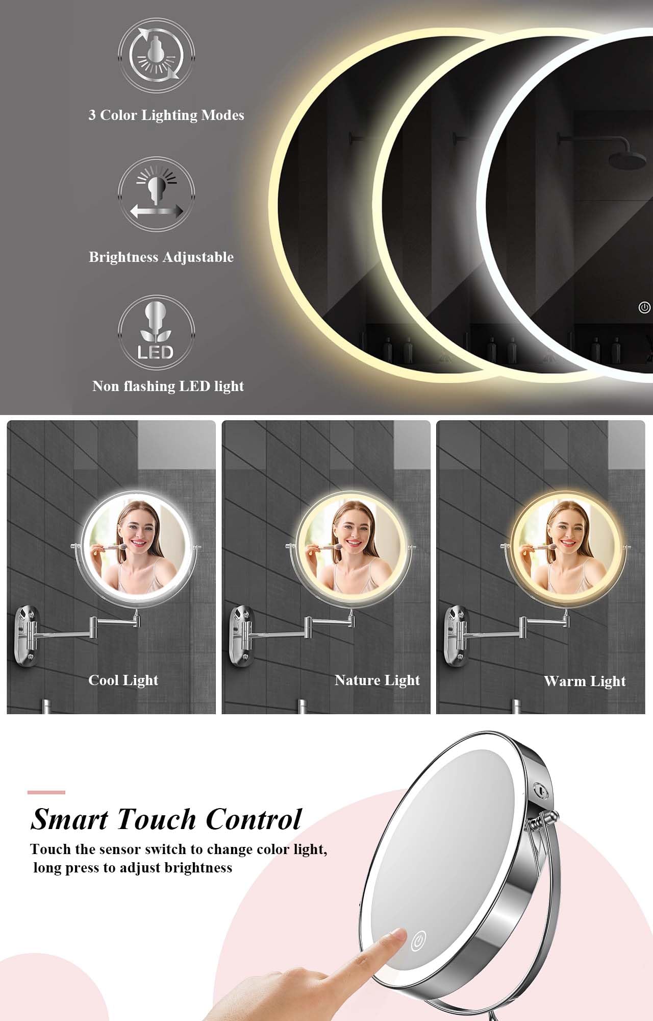 Kosmetik-Vergrößerungsspiegel mit LED-Leuchten, 1-fach/10-facher doppelseitiger Vergrößerung, wiederaufladbarer Badezimmer-Wandspiegel für Make-up-Rasur (Schwarz,10X Vergrößerung)