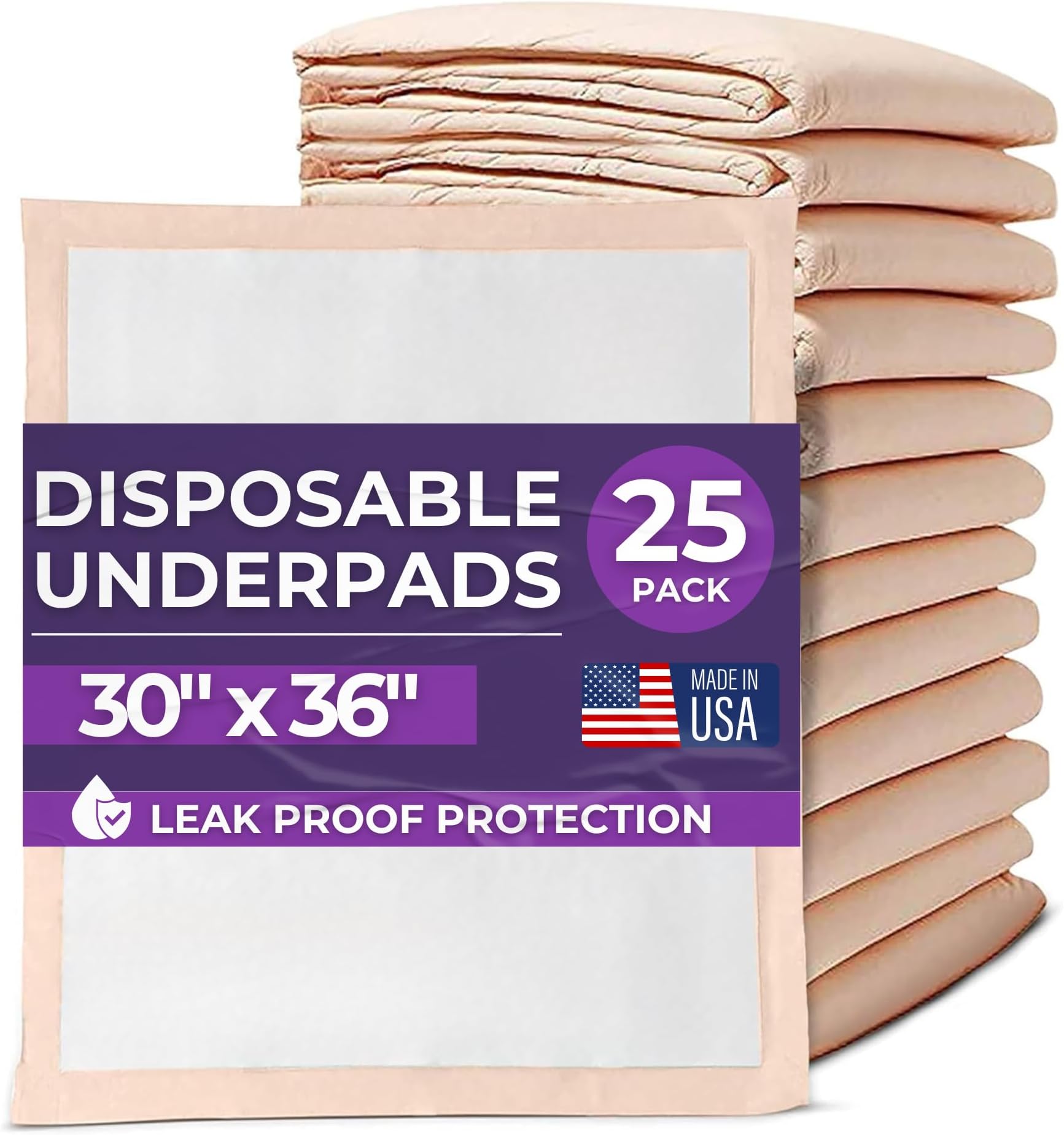 Premium Disposable Chucks Underpads 25 Pack, 30" x 36" - Highly Absorbent Bed Pads for Incontinence and Senior Care - Peach Color - Leak Proof Protection