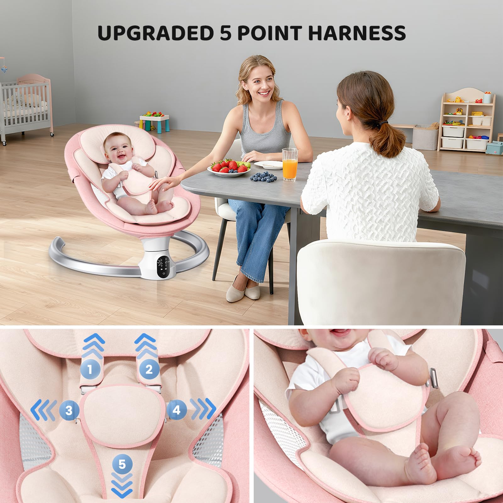 Transat Bébé Electrique – APP & Télécommande Balancelle Bébé Electrique, Balancelle pour Bébe Avec 3 Minuteries, 5 Vitesses de Balançoire, 10 Musiques, Bluetooth Transat Baby (APP Rose)