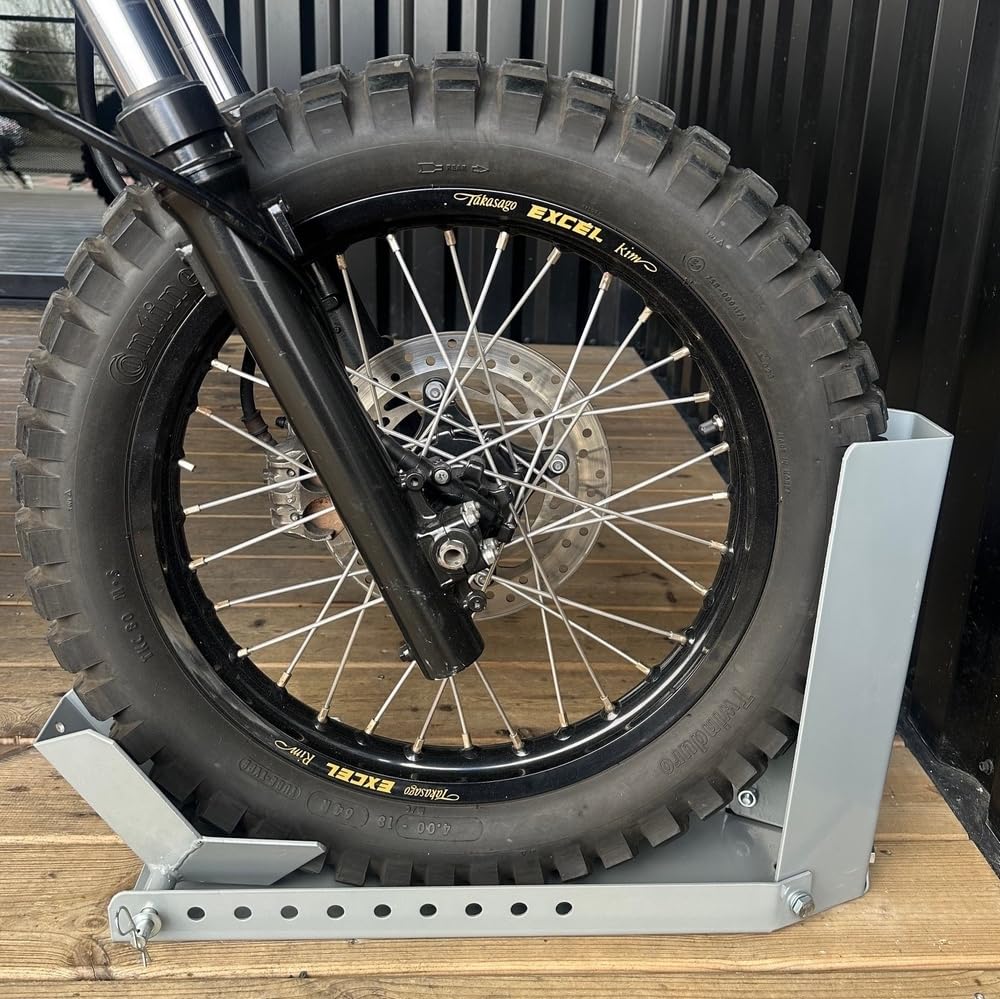 BLOCK'MOTO Grigio - Blocca ruota moto in acciaio - Pinza regolabile 8 - 24 pollici - Supporto anteriore moto universale - Supporto moto per parcheggio e supporto verticale sicuro