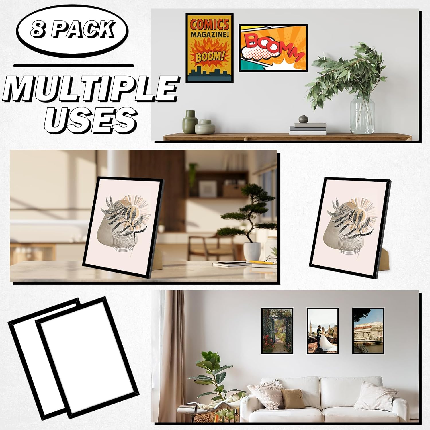 8 Pack Comic Book Frame Display up to 6 3/4 x 10 1/4 Comic Book for Wall and Tabletop Display, Comic Book Display Frame with Shatter Resistant Plexiglass for Comics Set of 8, Black