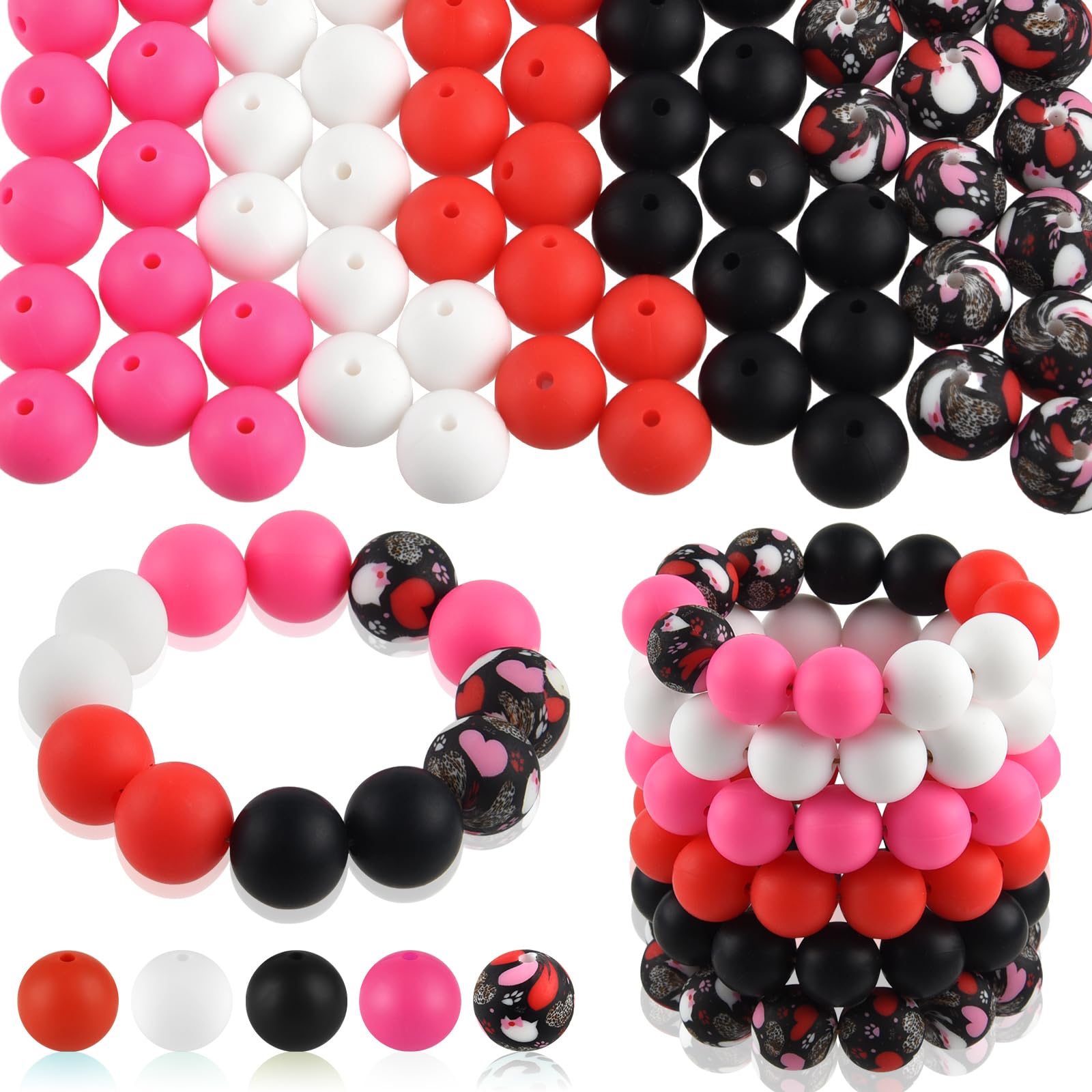 ASTARON 100 Stück 15 mm Silikonperlen zur Herstellung von Schlüsselanhängern, rot, rosa, schwarz, weiß Silikonperlen, runde Perlen in großen Mengen für Armbänder, Stifte, Basteln, Schmuckherstellung