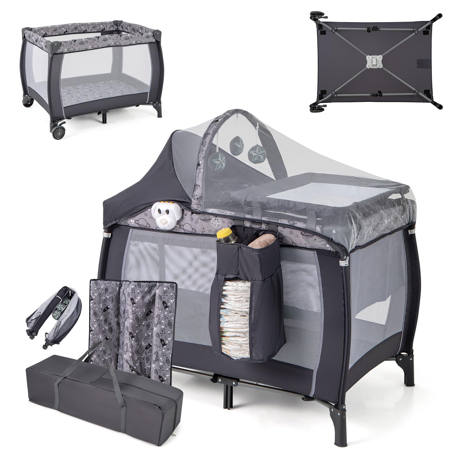 RELAX4LIFE 4 in 1 Lettino da Campeggio con Materasso per Bambini, Culla da Viaggio per Neonati con Fasciatoio, Baldacchino Retrattile con Zanzariera, Adatto a Bambini da 0 a 36 Mesi (Grigio, Stile 2)