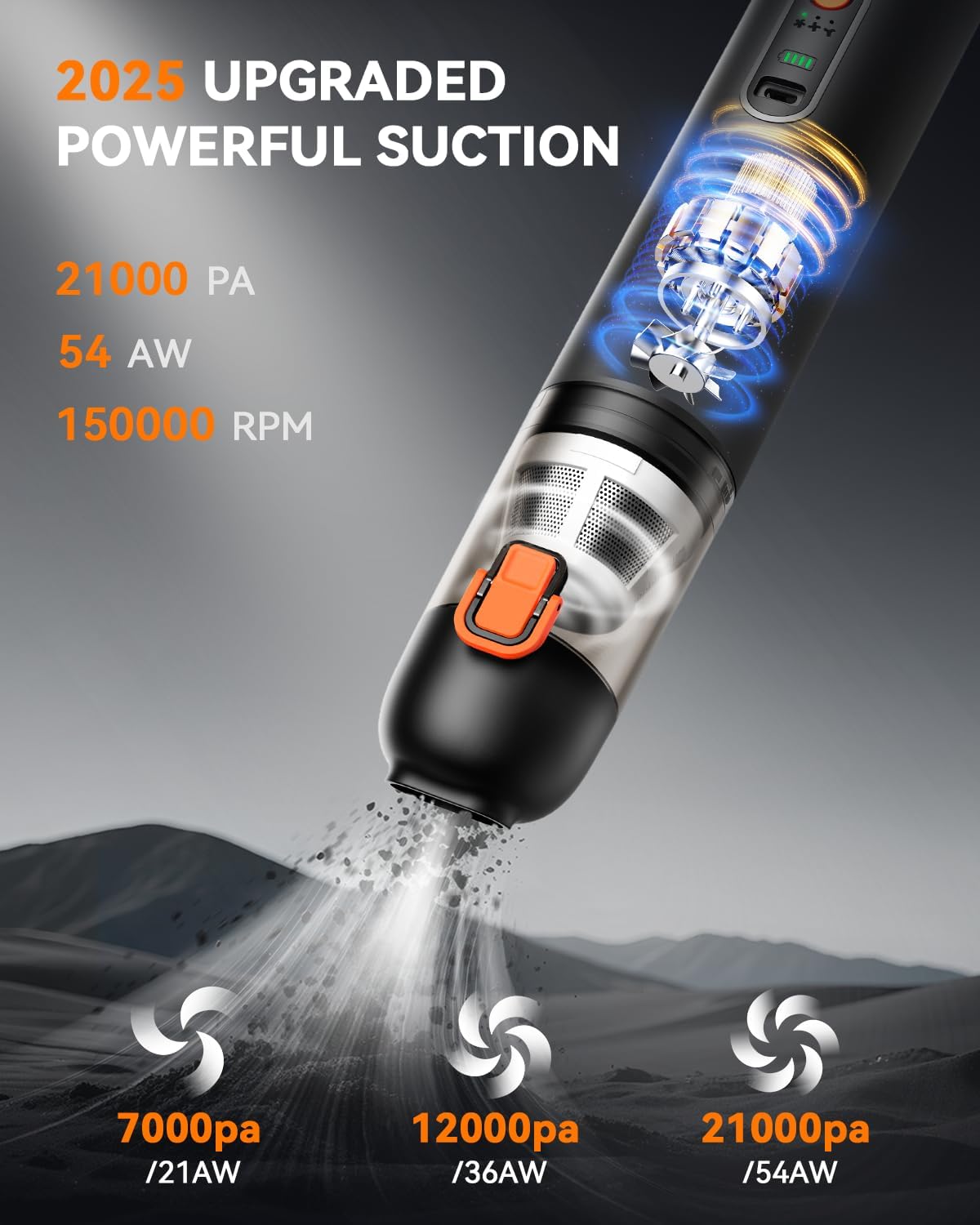 Car Vacuum, Handheld Vacuum Cordless with 21000Pa Powerful Suction & 3 Modes, 4-in-1 Portable Hand Held Mini Vacuum Cleaner Rechargeable, Ultra Light for Car Home Office (Black) - Image 2