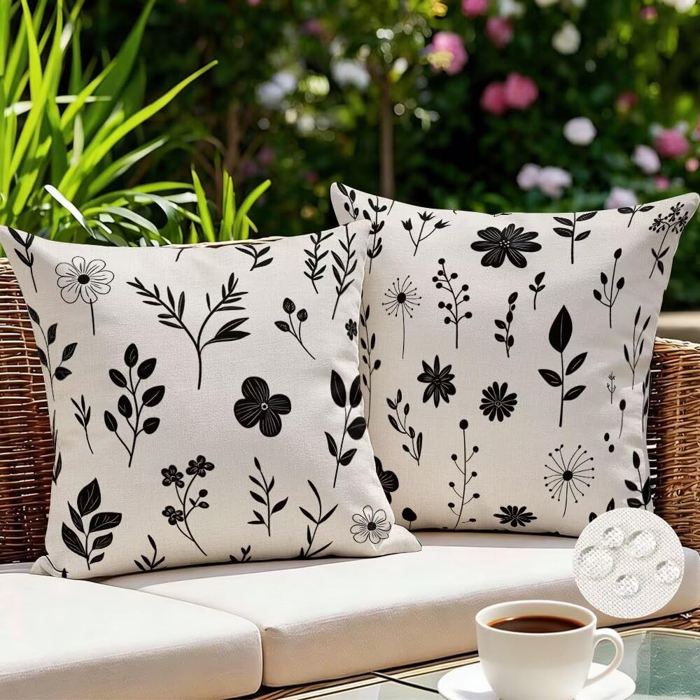 Outdoor Cushion Covers 60cm x 60cm Black and White Garden Cushions Waterproof Abstract Throw Pillow Cases Set of 2 Floral Cushion Cover Decorative Throw Pillows for Garden Patio Balcony (IU198)