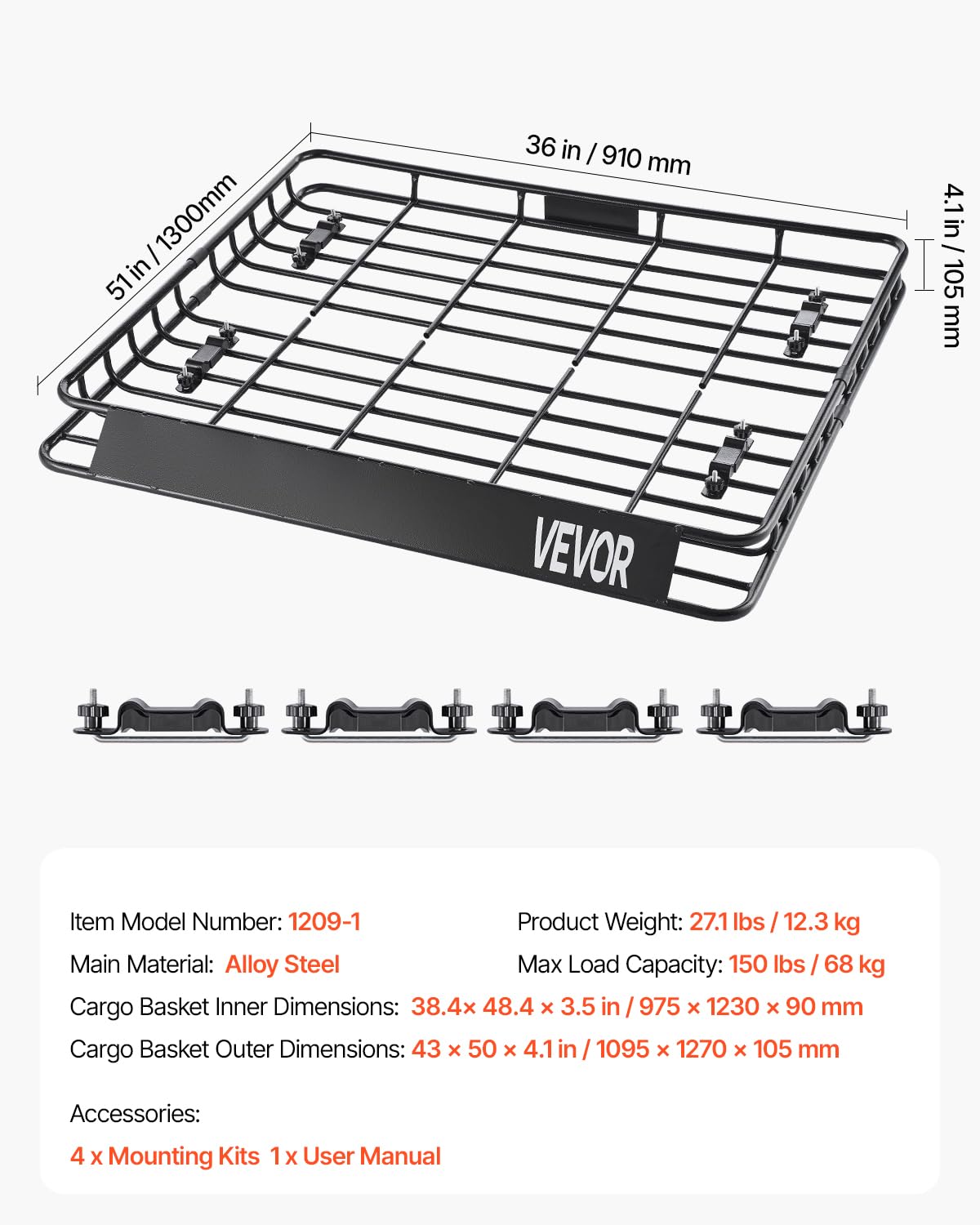 VEVOR Dachgepäckträgerkorb Autodachkorb (1095 x 1270 x 105 mm) universeller Dachgepäckträger aus rostfreiem legiertem Stahl mit 68 kg Max. Tragkraft, Autodach-Gepäckträger für SUV LKW