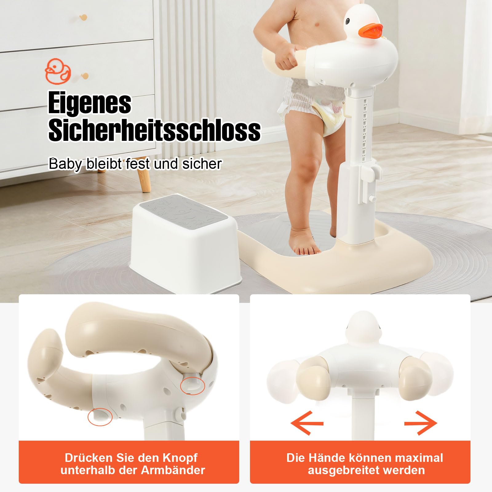 Baby Dusche Ständer, Einstellbarer Badewannenständer mit Duschsitz & AntiRutsch-Basis, Tragbarer Baby Badewanne Stand für das Lauftraining, Baby Duschhilfe für 6–36 Monate