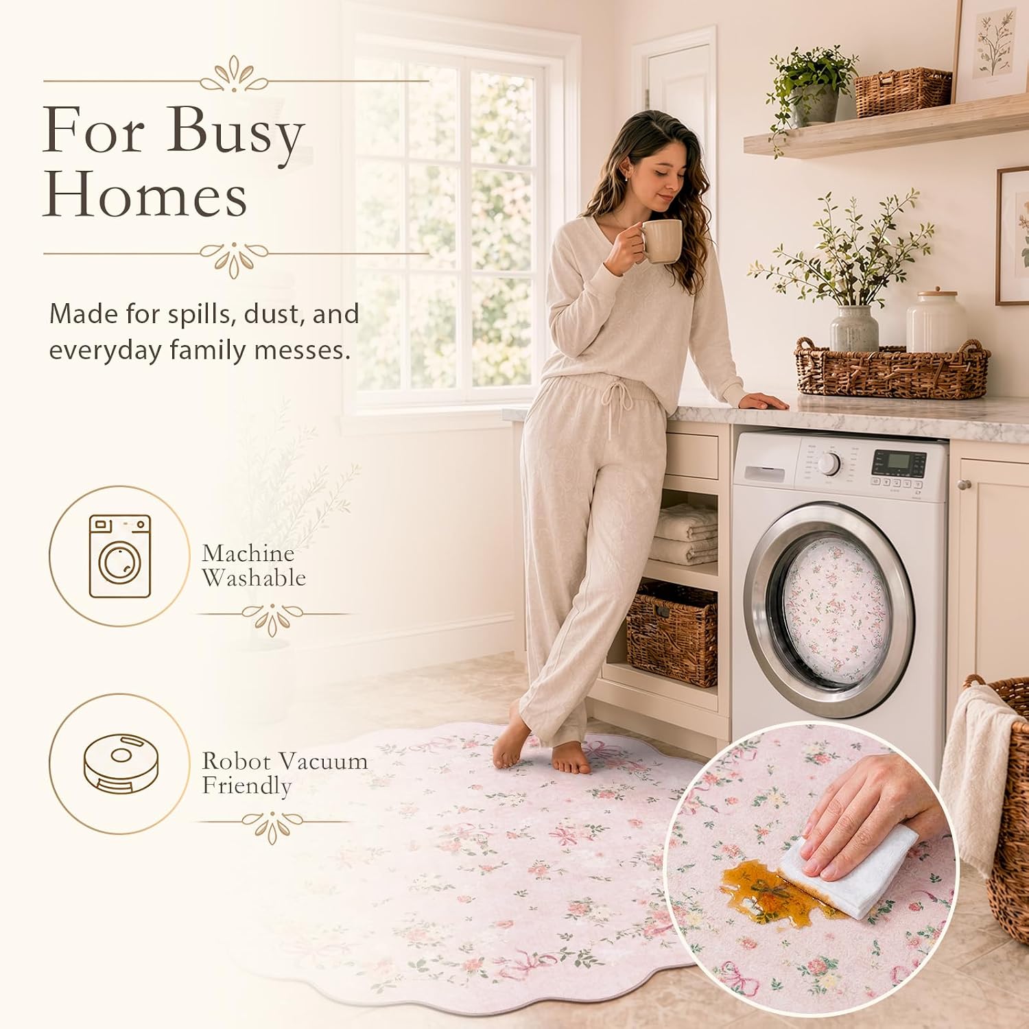 Wonnitar Pink Bow Floral Rug for Bedroom, Washable 5x7 Area Rug for Nursery image 3