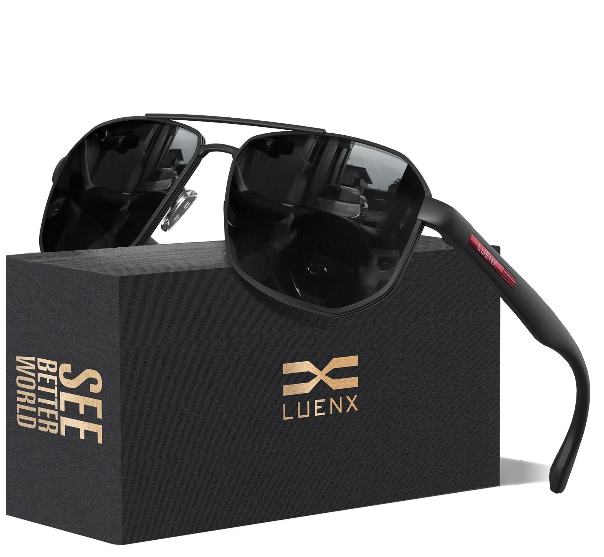 LUENX Aviator Sunglasses for Men Square Polarized Polygon Black Lens Matte Black Frame - UV 400 Protection with Accessories