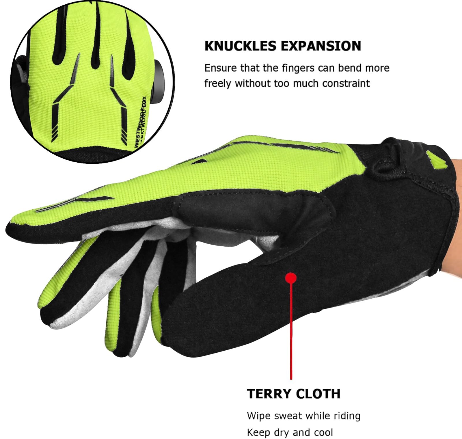 WESTWOOD FOX WFX - Guanti da ciclismo a dita intere, per mountain bike, touchscreen, guanti da MTB, imbottiti, antiscivolo, per ciclismo su strada, per uomini e donne
