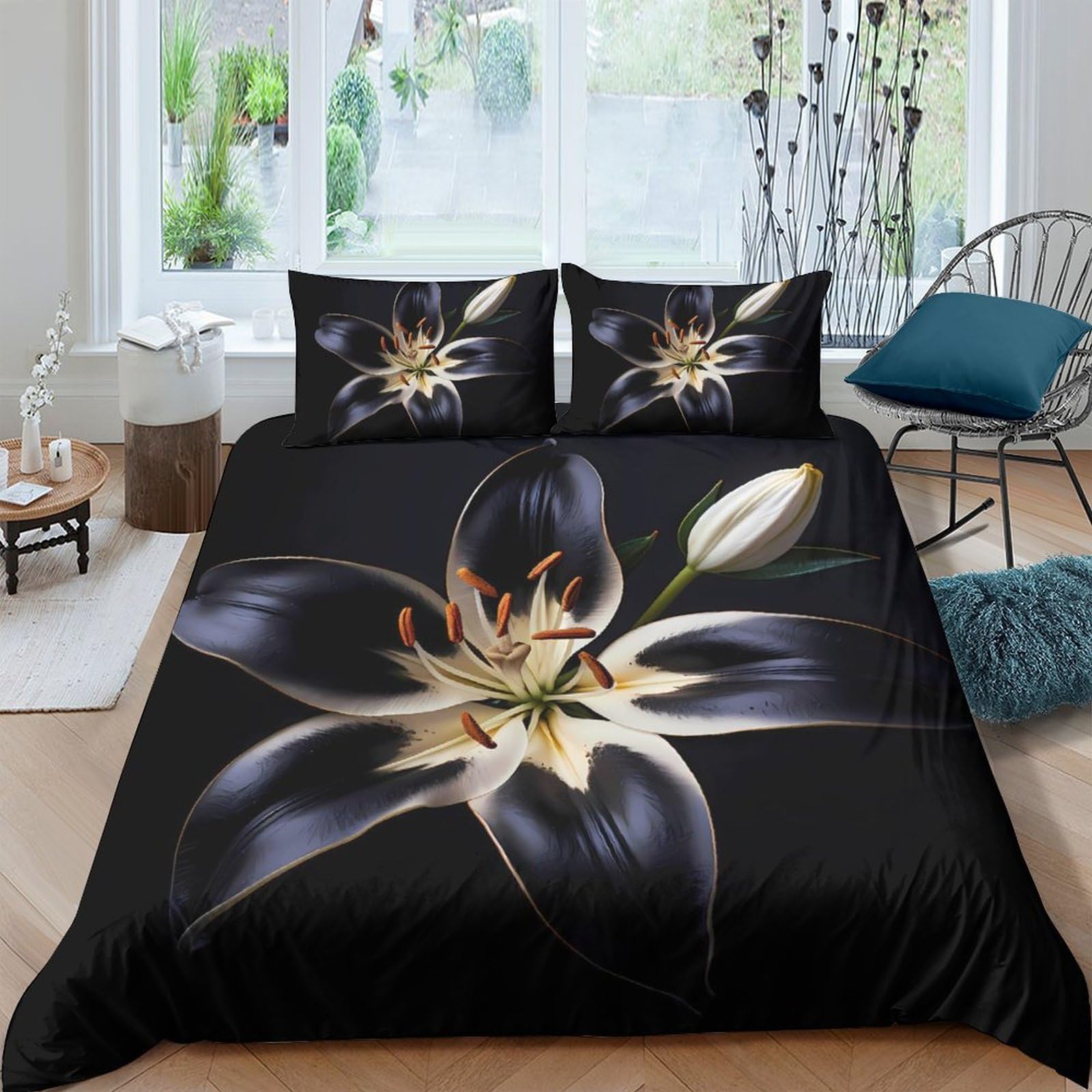GPLZQXKJNH 3D Printed Black Lily Duvet Cover Microfiber Soft Breathable White Flower Bedding Set with 2 Pillowcases for Bedroom Decor Single（135x200cm）