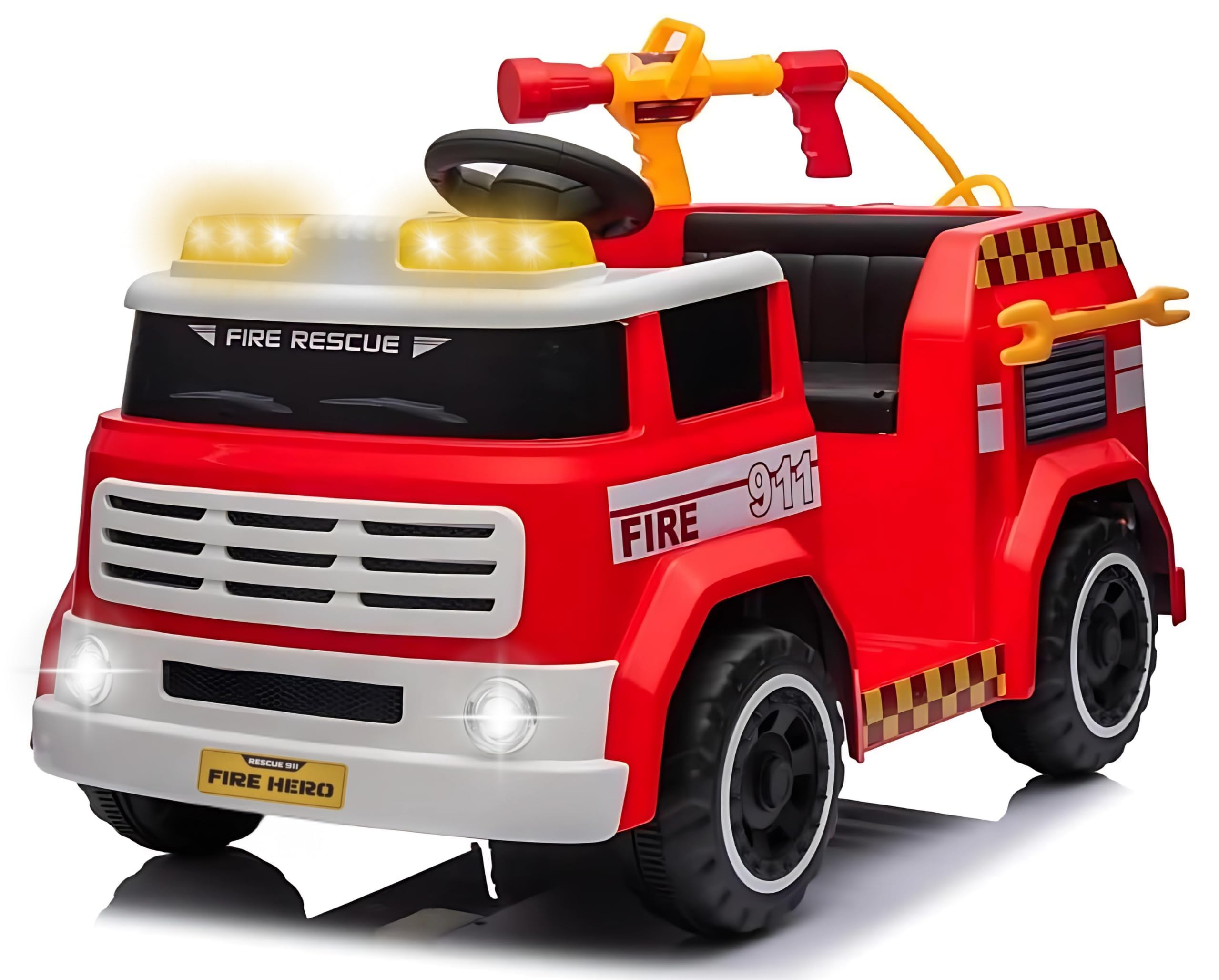 Camion Pompieri Cavalcabile Elettrico 12V per Bambini – Veicolo con Sirena, Luci Lampeggianti, Estintore ad Acqua, Microfono, Telecomando, Musica, LED, USB, Cintura di Sicurezza