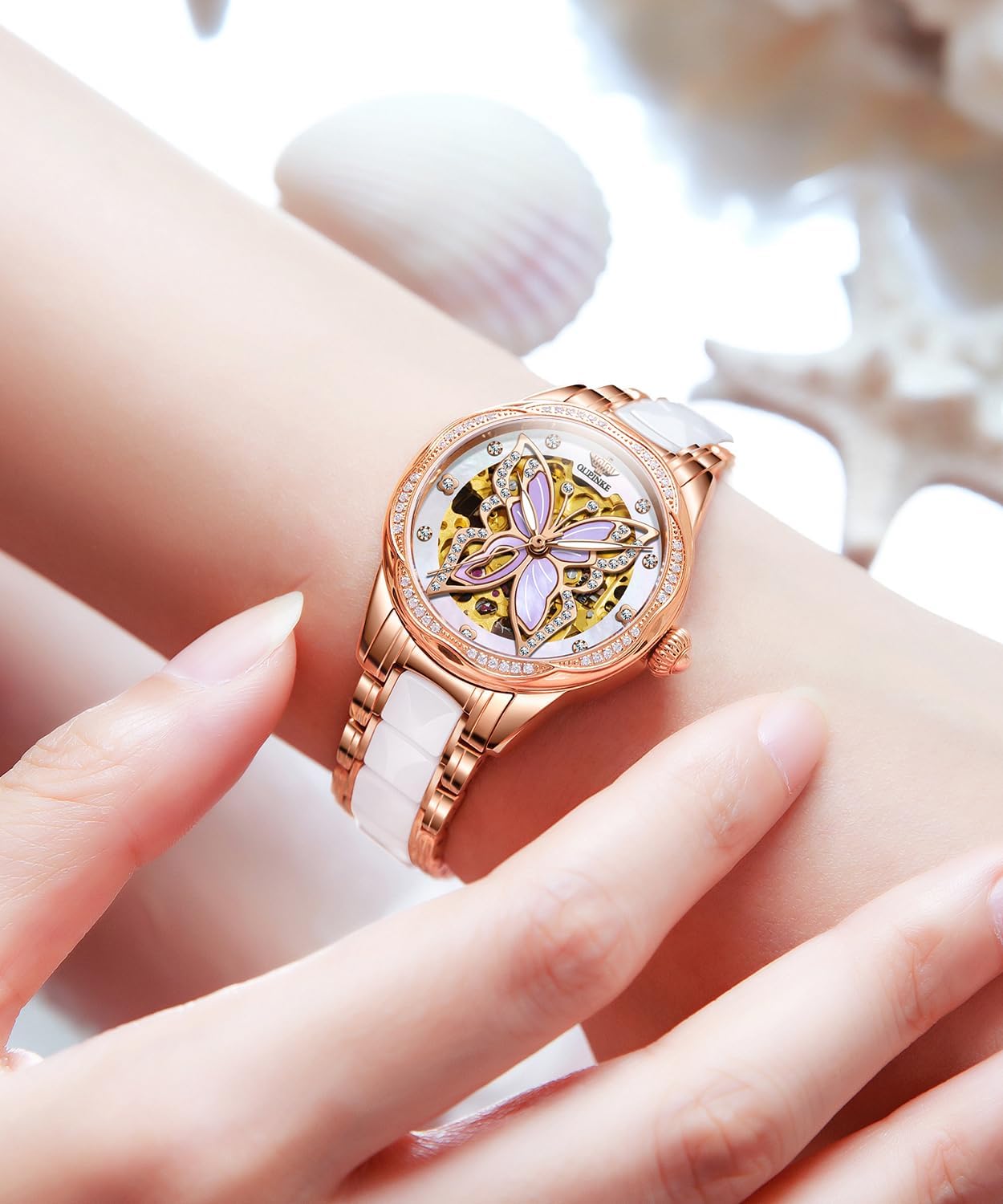 OLEVS Automatic Watch for Women Luxury Diamond Rose Gold Ladies Self Winding Mechanical Ceramic Wrist Watch Love Heart Date - Image 2