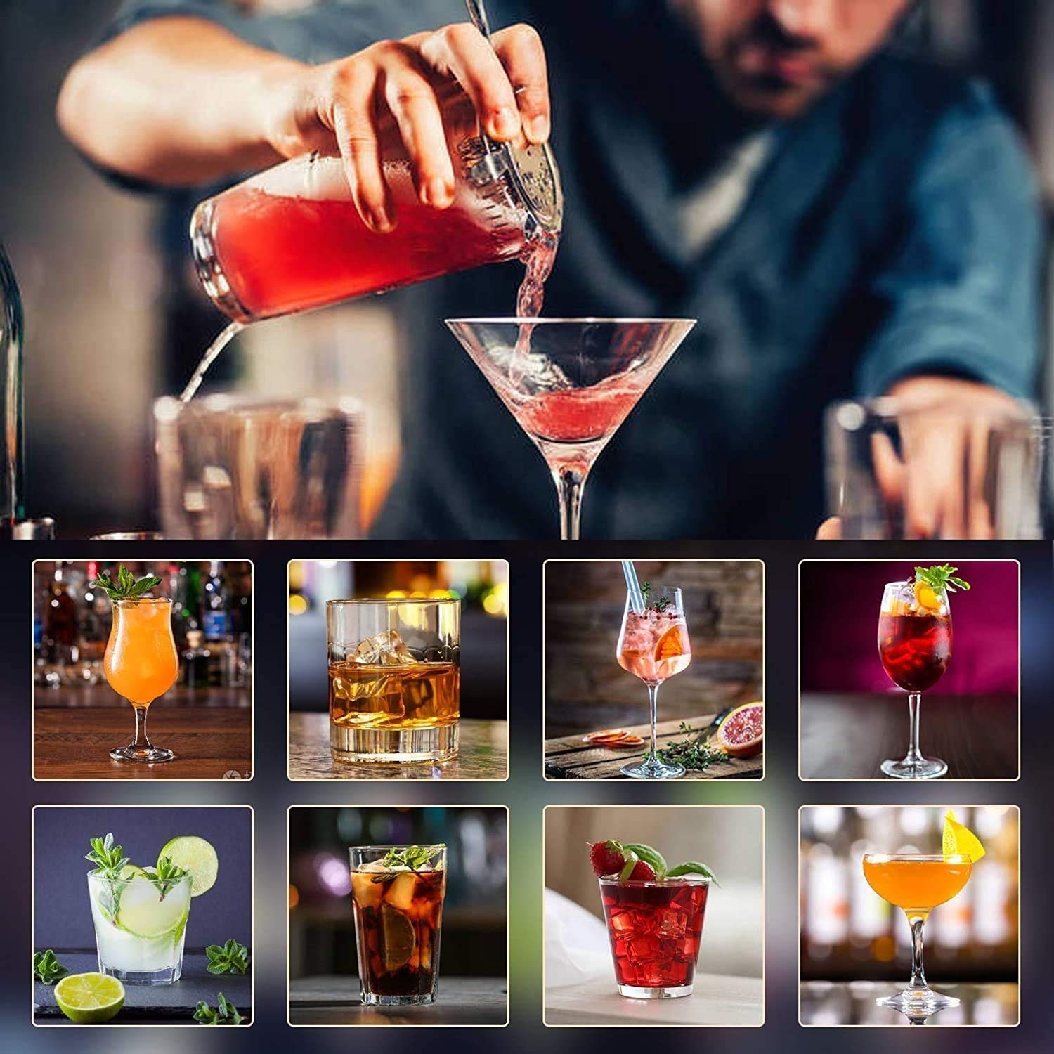 Bartender Kit, Coctelero de 18 piezas Coctelera de cóctel Herramientas de barra de acero inoxidable con soporte, jigger, cuchara, colleros, muddler, colador, pinzas, tapones de la botella, abrel