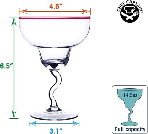 Miniatura 2 de Chefcaptain COLOR Margarita - Vasos de Margarita soplados a mano, juego de 4 vasos de cóctel de borosilicato con borde de color, vidrio soplado,