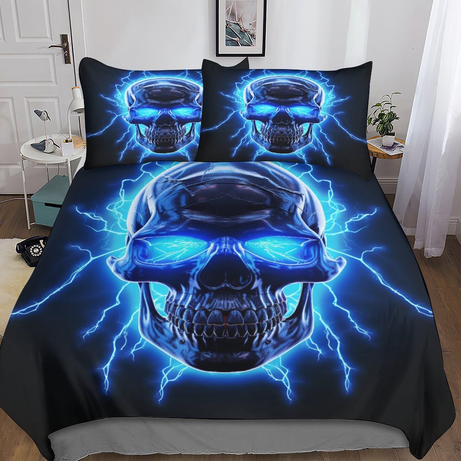 MEFESE Skeleton Microfiber Duvet Cover 3 Pieces Reversible Quilt Lightning Skull Cover Easy Care Comforter Cover with Easy Care Pillowcases for Kids Adult Teens All Seasons Bedding Double（200x200cm）