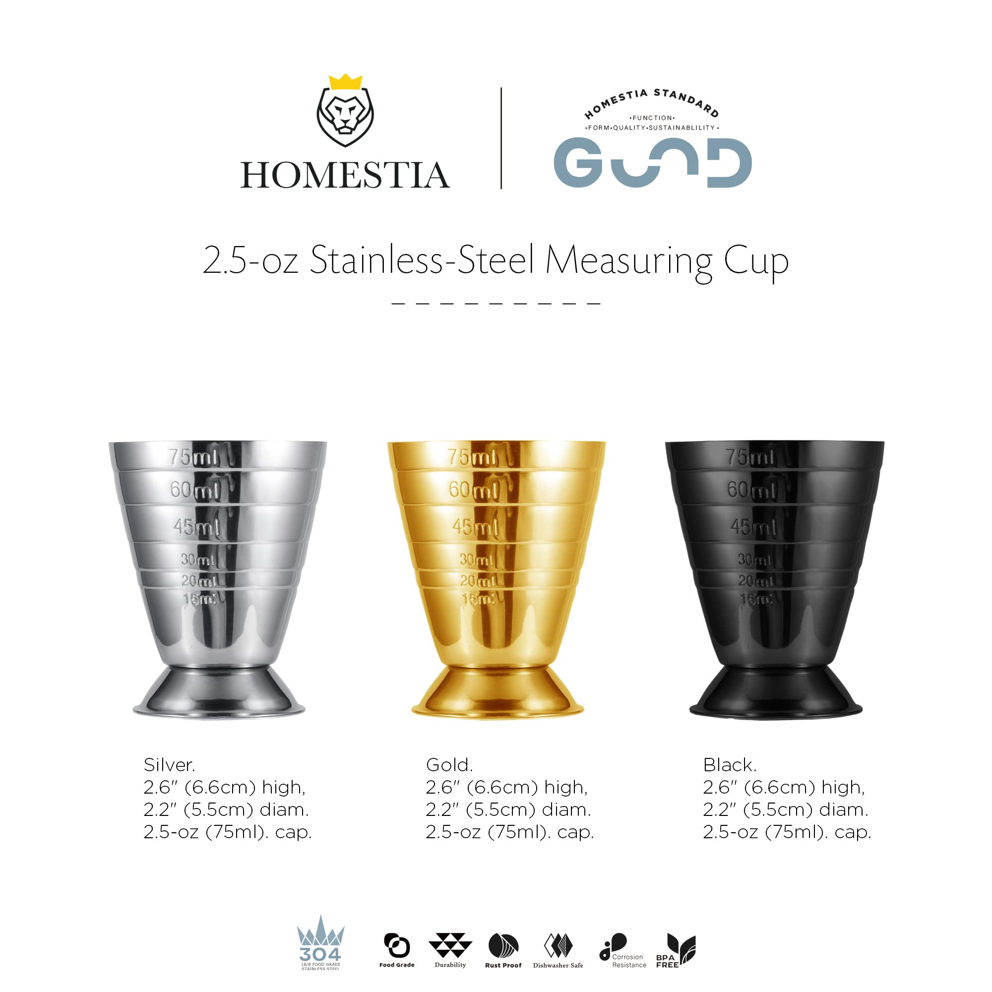 Homestia Jarra medidora de acero inoxidable, diseño plateado, 75 ml