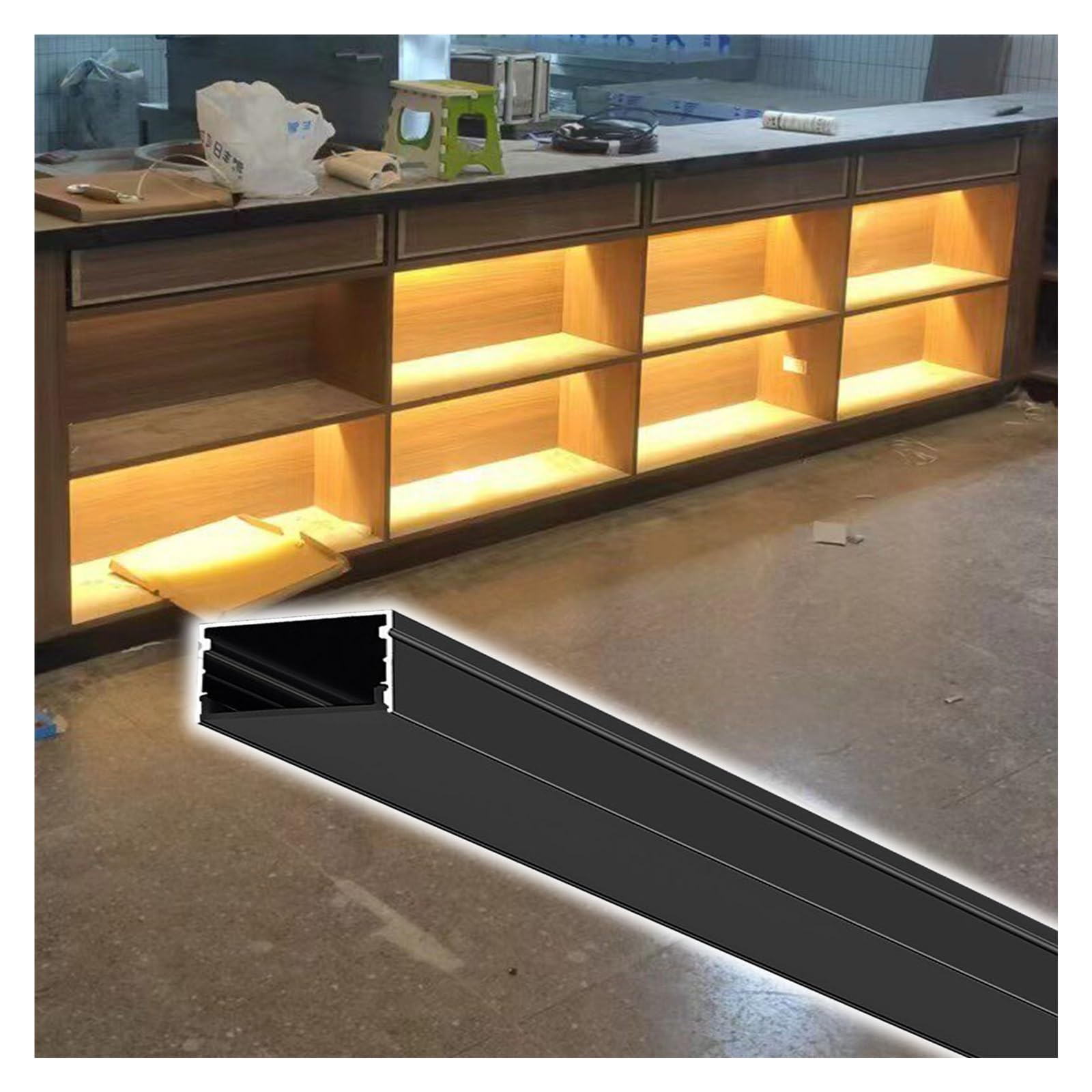 WWZHYX Black Channel for Under Kitchen Cabinets Led Strip Lights, Spotless Light Channnel, Led Indirect Lighting Crown Molding Ceiling Decor Aluminum Linear(1.5m/4.9ft/59in)