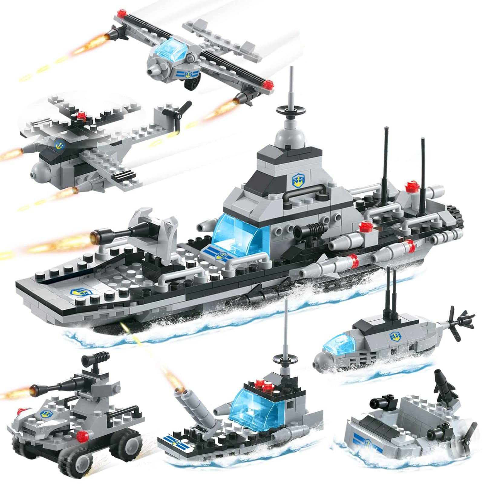 ArabestBattleship Building Blocks Set, 472 Pieces Helicopter Patrol Boat Cop Bomber, DIY Construction Toy, Building Gift for Boys Girls 6-12