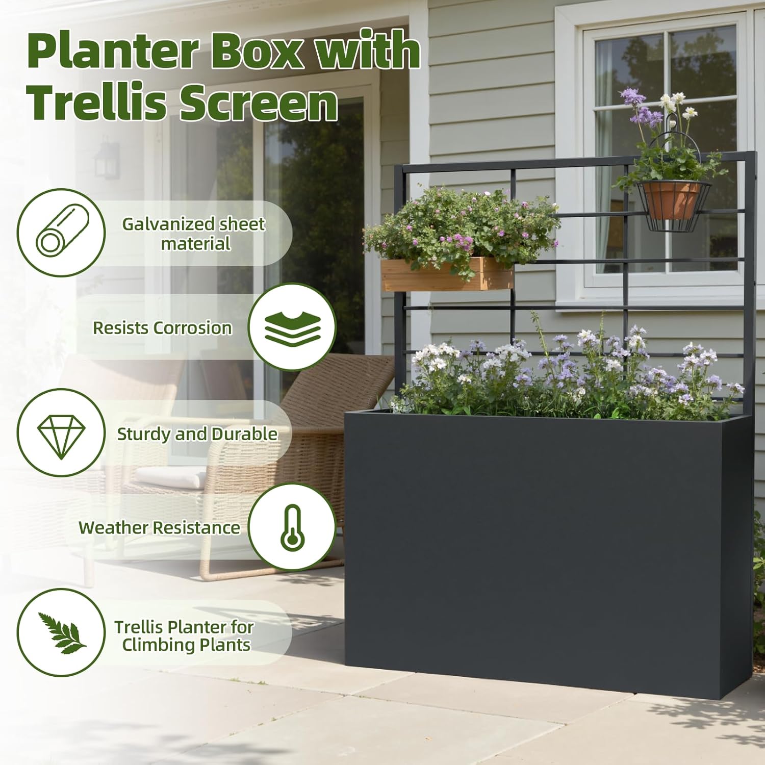 Metal Planter Box with Trellis, 35" Lx11.8 Wx47 H Metal Raised Garden Bed with Trellis and Drainage Holes, Outdoor Standing Flower Bed for Climbing Plants,Vegetables,Vines, 2PCS
