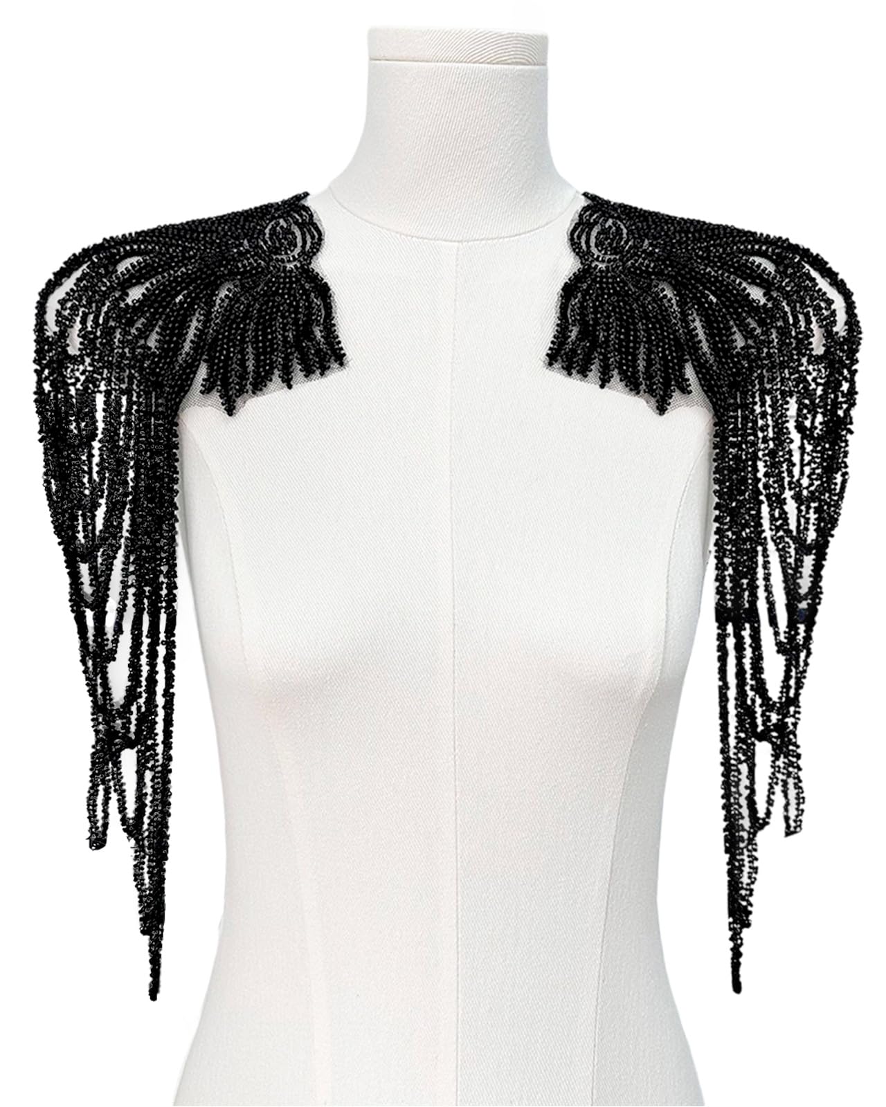Photo 1 of 1 Pair Handmade Rhinestone Applique for Clothes, Sparkle Crystal Sewing Patches for Wedding Dress, Glass Beads Fringe Epaulettes for Shoulder Bodice Jacket Party Embellishment (Black)