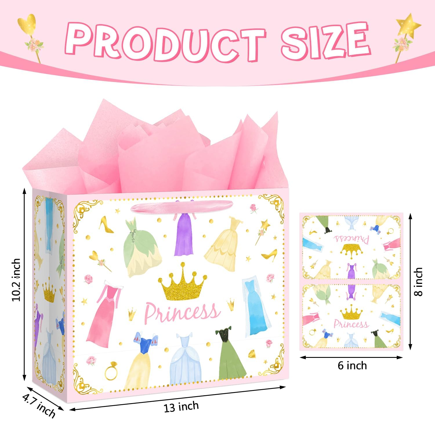 Reyoust 13” Large Princess Themed Gift Bags With Handles and Pink Wrapping Paper Greeting Card Crown Dress Design Gift Bag for Girls Birthday Party Baby shower Decor 1Pcs 13" L x 10.2" H x 4.9" W