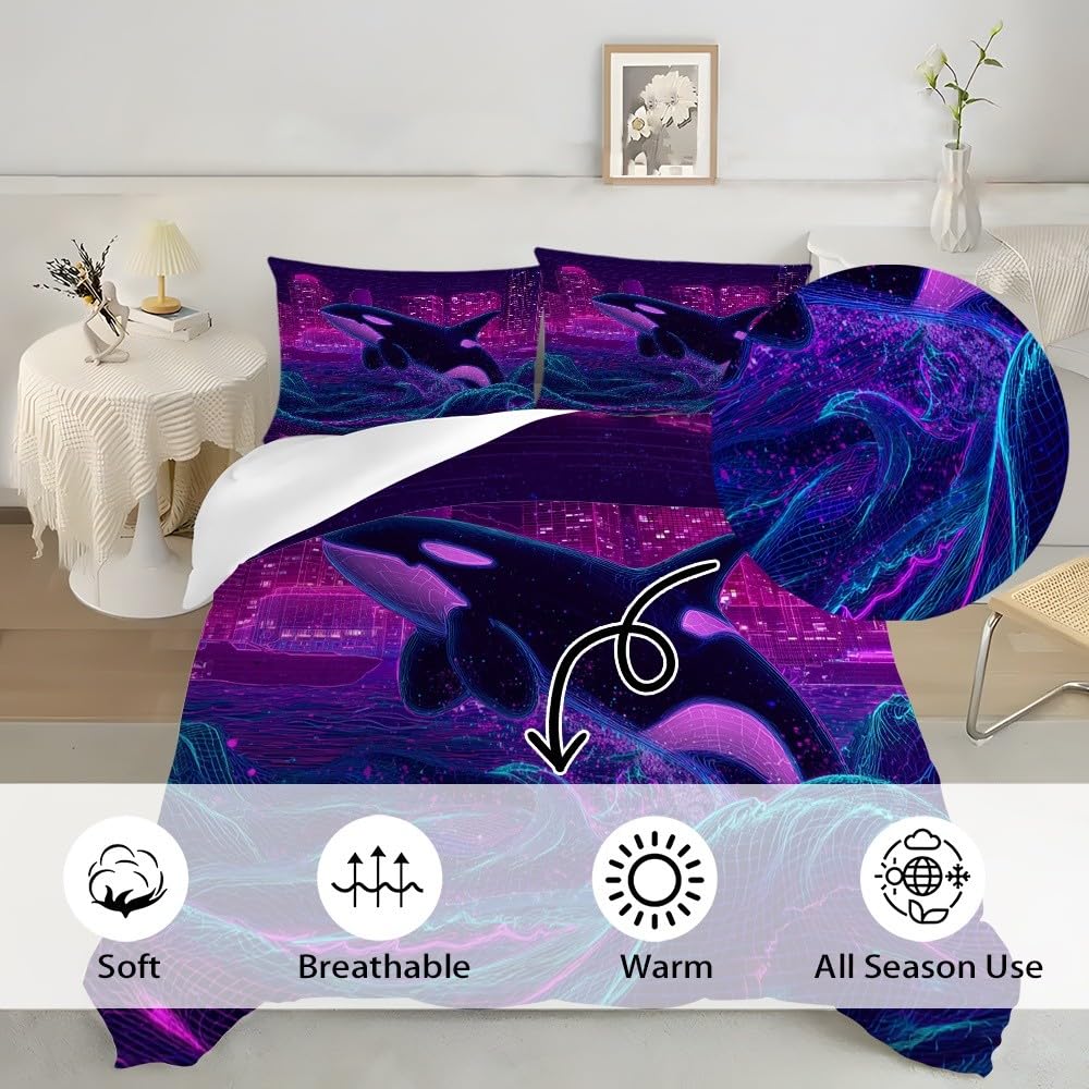 Miękka Mikrofibra Neony Mordercze Fale 155 x 200 cm Wygodne i oddychające zestawy pościeli 3-częściowy Hipoalergiczne Blufioletowe poszewki na kołdry na wszystkie pory roku