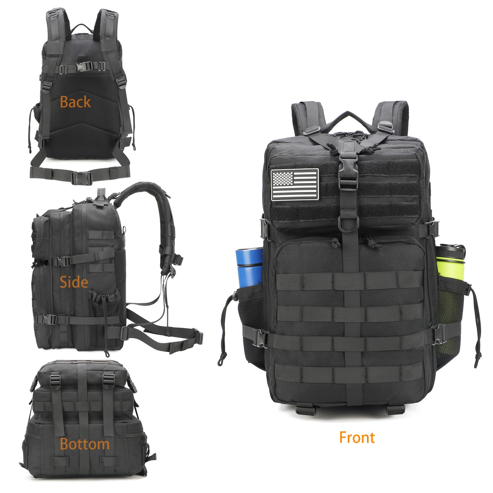 Mochila táctica W.Gun Holster para hombres, mochila militar de caza mochila de senderismo mochila de 3 días con bolsillo lateral, Negro mejorado., Tamaño único, Mochila táctica de asalto 4