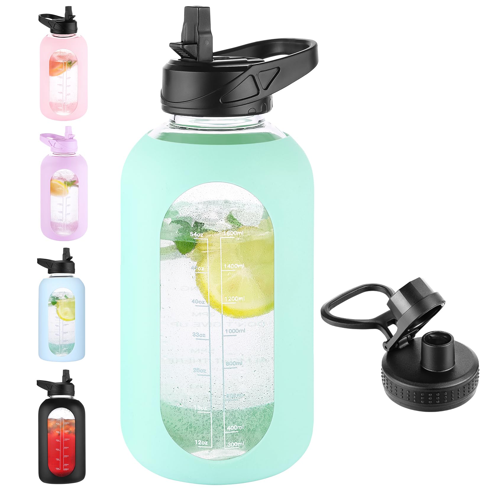 EALGRO 64 oz Glass Water Bottle With Straw and Handle, Half Gallon Sports Motivational Water Jug Flask with Silicone Sleeve, Large Water Cup with Time