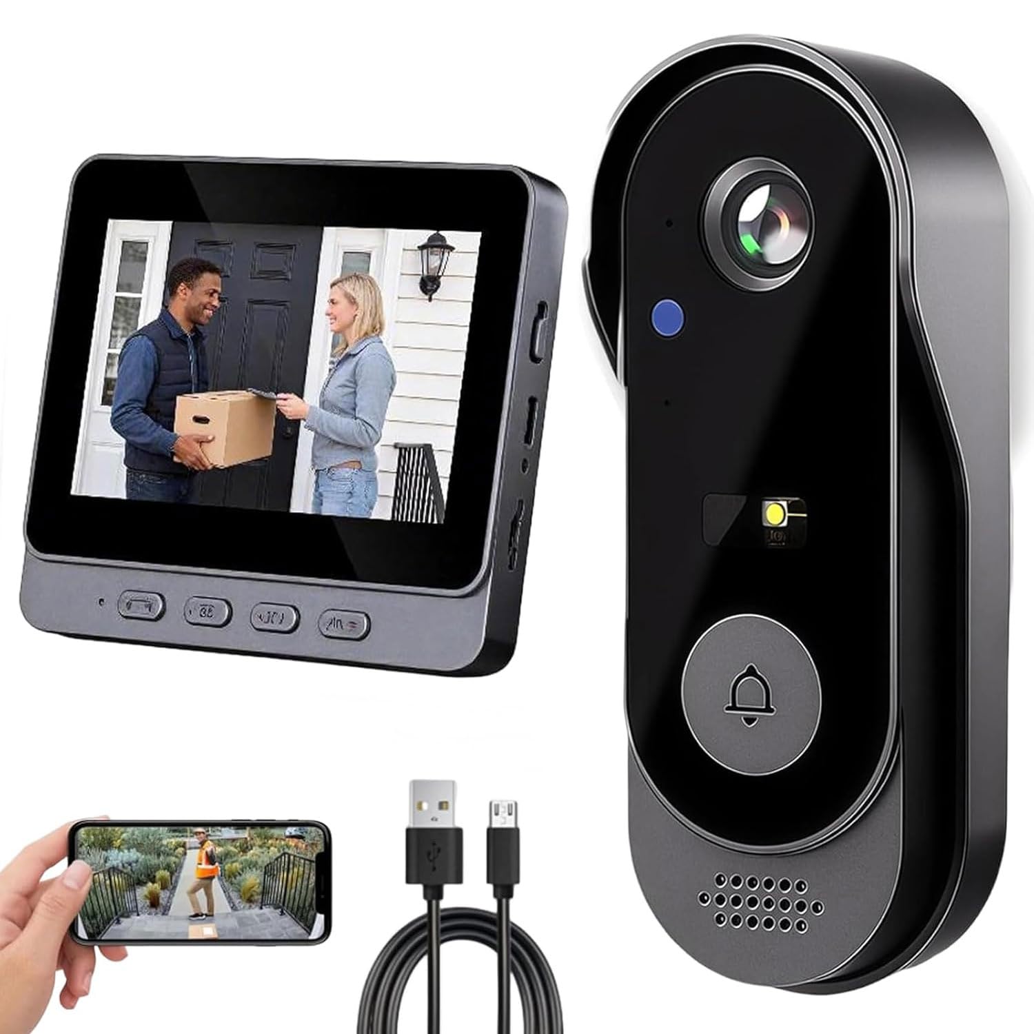 GUSHE Caméra sans Fil pour Sonnette: résolution 1080P, Angle de Vision de 170°, écran de 4,3 Pouces, Indice d'étanchéité IPX65 pour extérieur, Fonction de Vision Nocturne, X8 Sonnette avec Camera