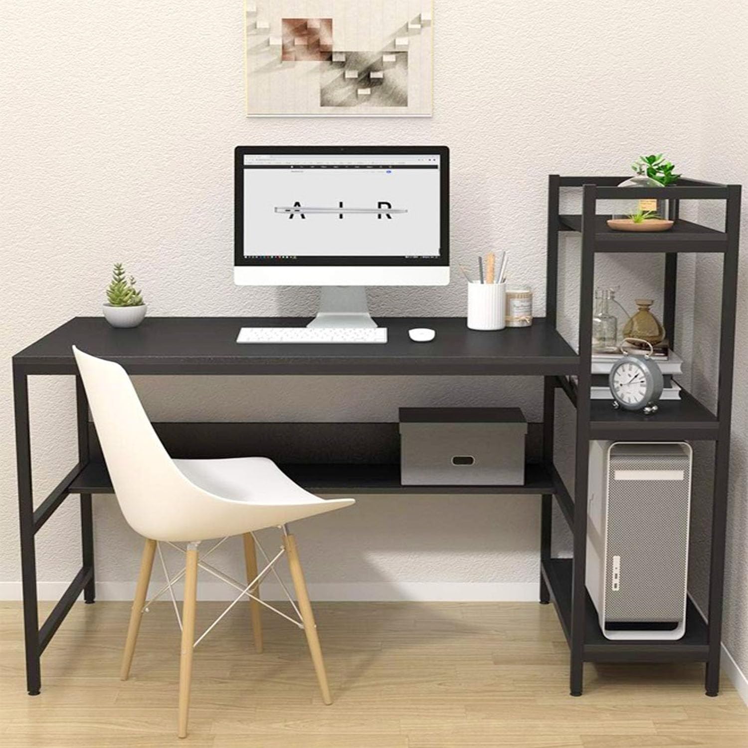 Kutis Set of 2 Modern Computer Desk with 4 Tier Storage Shelves Wood Desk Home Office Workstation and Modern Scandinavian Style Wood Legs Chair for Home and Office 136 x 60 x 76 and 40 x 40 x 82 Cm.