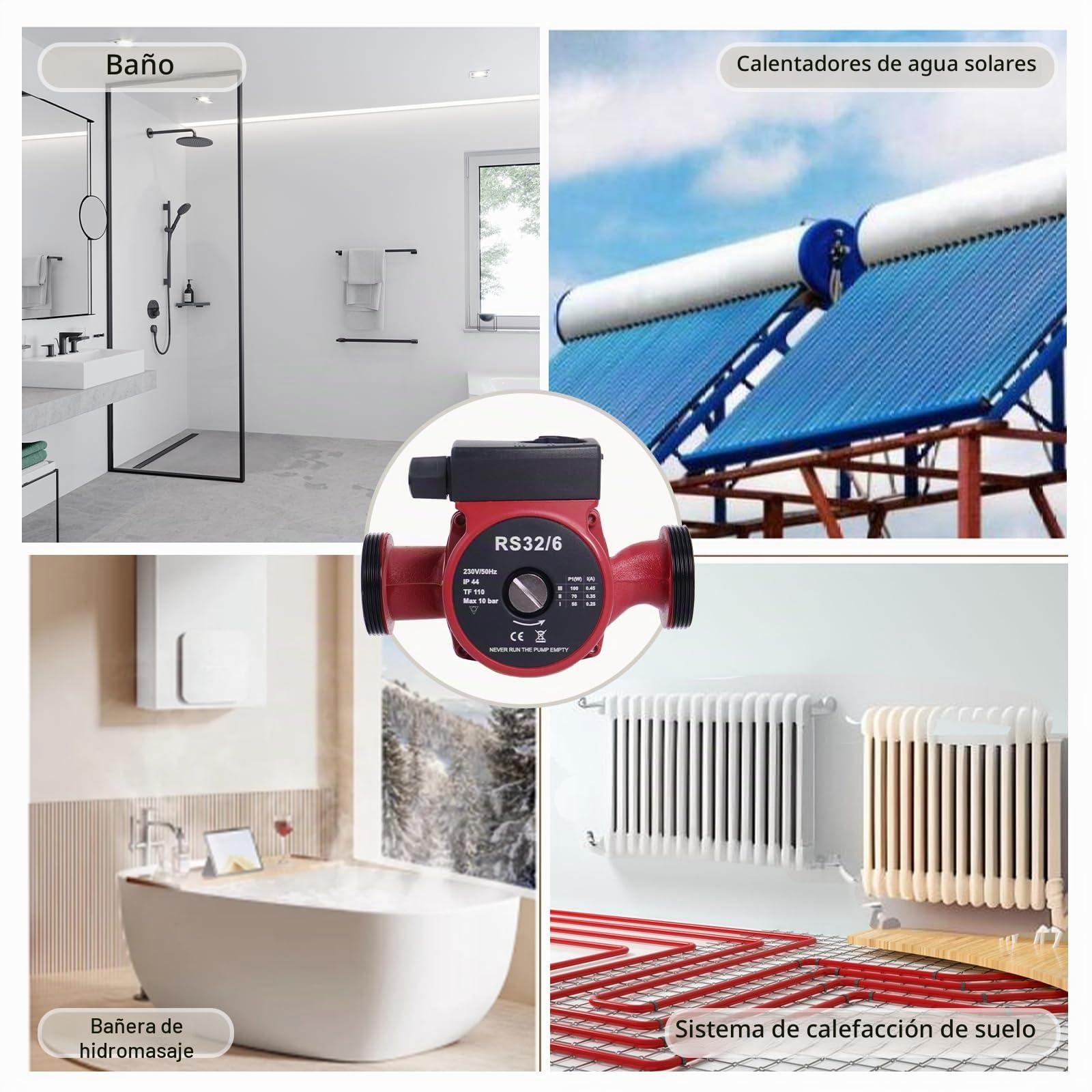 Bomba de Circulación RS32/6-180 mm, Altura Máxima de 6 m | Para Sistemas de Calefacción Central y Calentadores de Agua Solar, Favorece el Flujo en Instalaciones Domésticas, Silenciosa