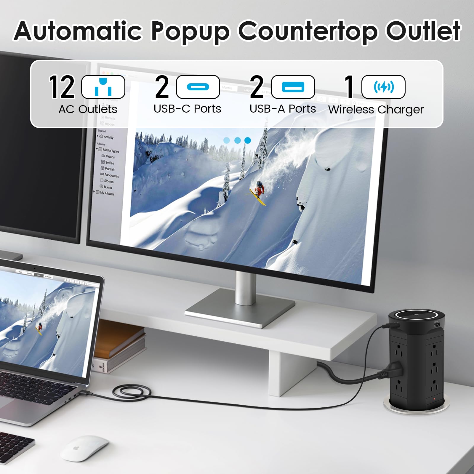 4-inch Pop Up Outlet for Countertop with 45W USB,17-in-1 Desktop Power Strip with 15W Wireless Charger,12 Outlets 4 USB Ports,15Amp Tamper Resistant Receptacle for Home Office Kitchen Black