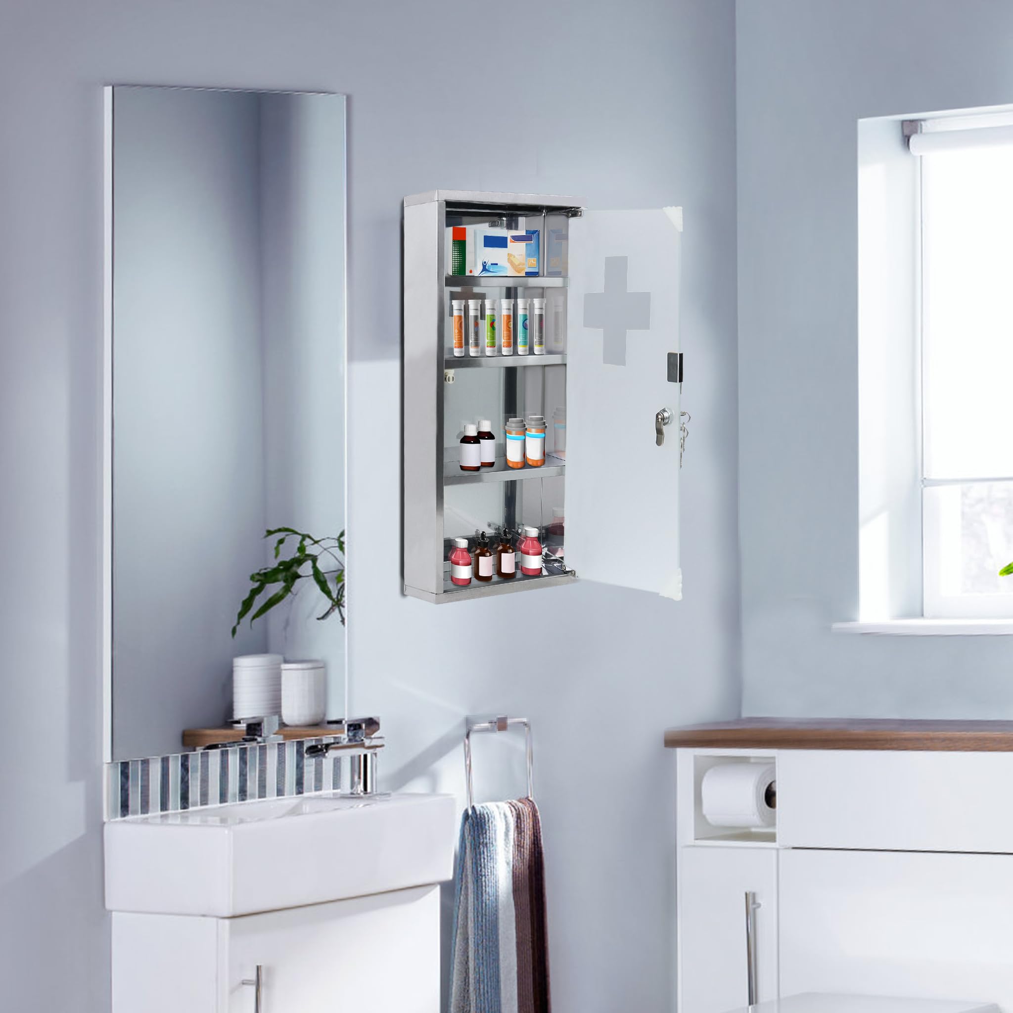 Armoire à pharmacie en acier inoxydable avec 4 compartiments - 30 x 12 x 57,5 cm