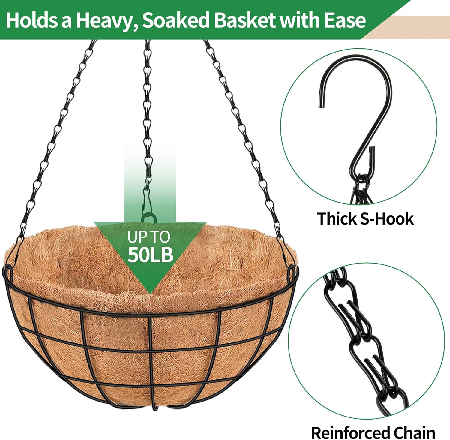 16 Inch Hanging Planters for Outdoor Plants,4 Pack Large Hanging Baskets for Plants Outdoor Metal Hanging Baskets with Thick Coco Coir Liners, Round Flower Pots for Porch Garden Ferns & Petunias