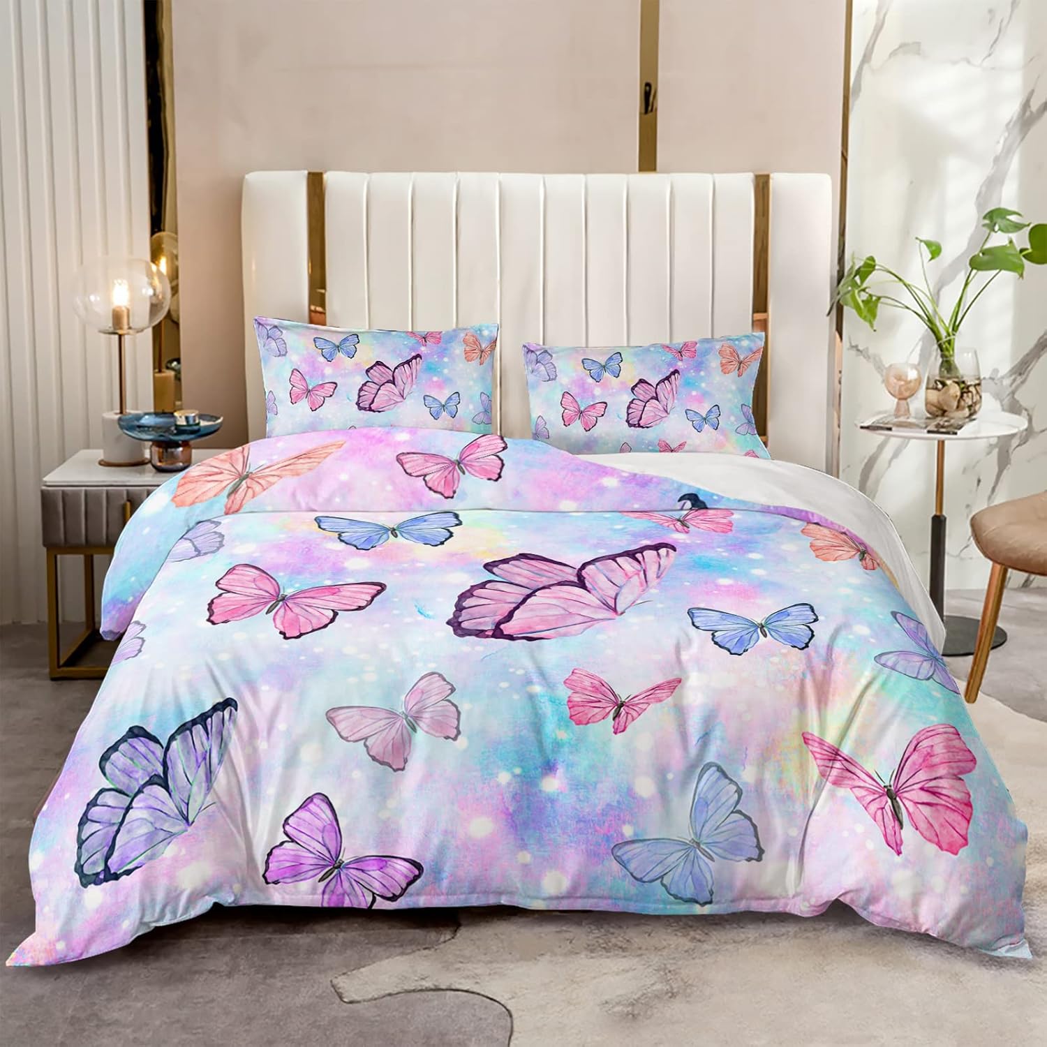 SETWIER Twin Rainbow Butterfly Duvet Cover Set Pink Flower