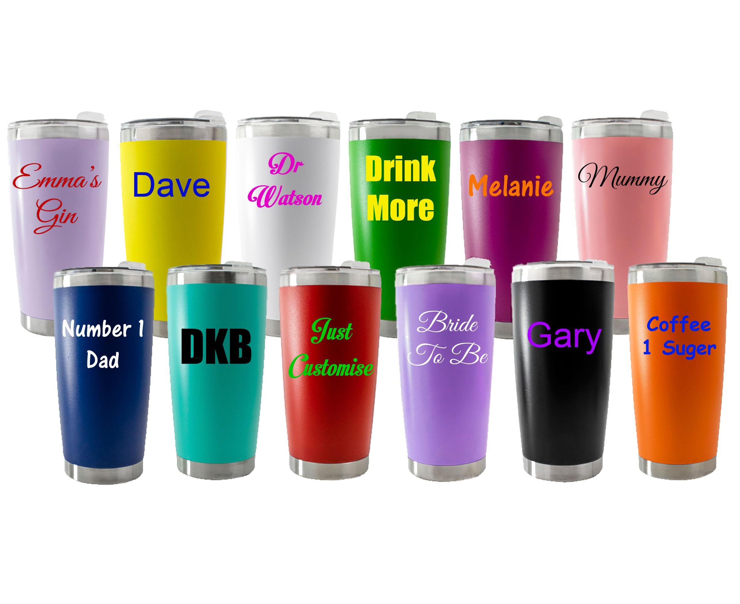 Personalised Custom Travel Mug Drink Bottle Stainless Steel Interior with Plastic Lid and Stopper- Any Name, Word, Business, Sports, School, Promotional Merchandise Teacher Gift